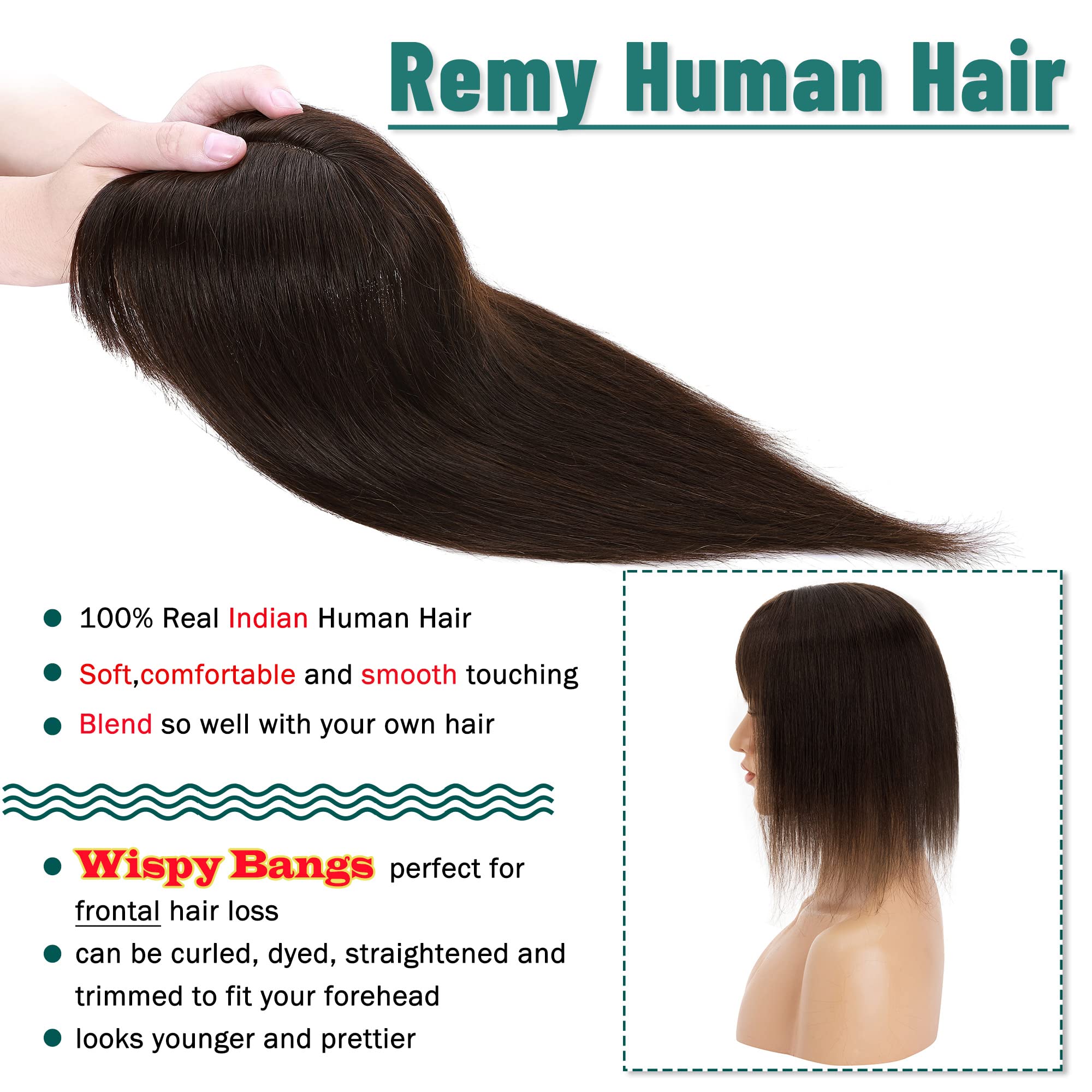 Premium 130% Density Human Hair Toppers with Bangs - Hand-Tied Silk Base Clip-In Hairpiece for Women with Thinning Hair | Hair Loss Solution & Gray Coverage | 14 Inch 45g Dark Brown | Perfect for Daily Wear, Special Occasions & Styling Versatility
