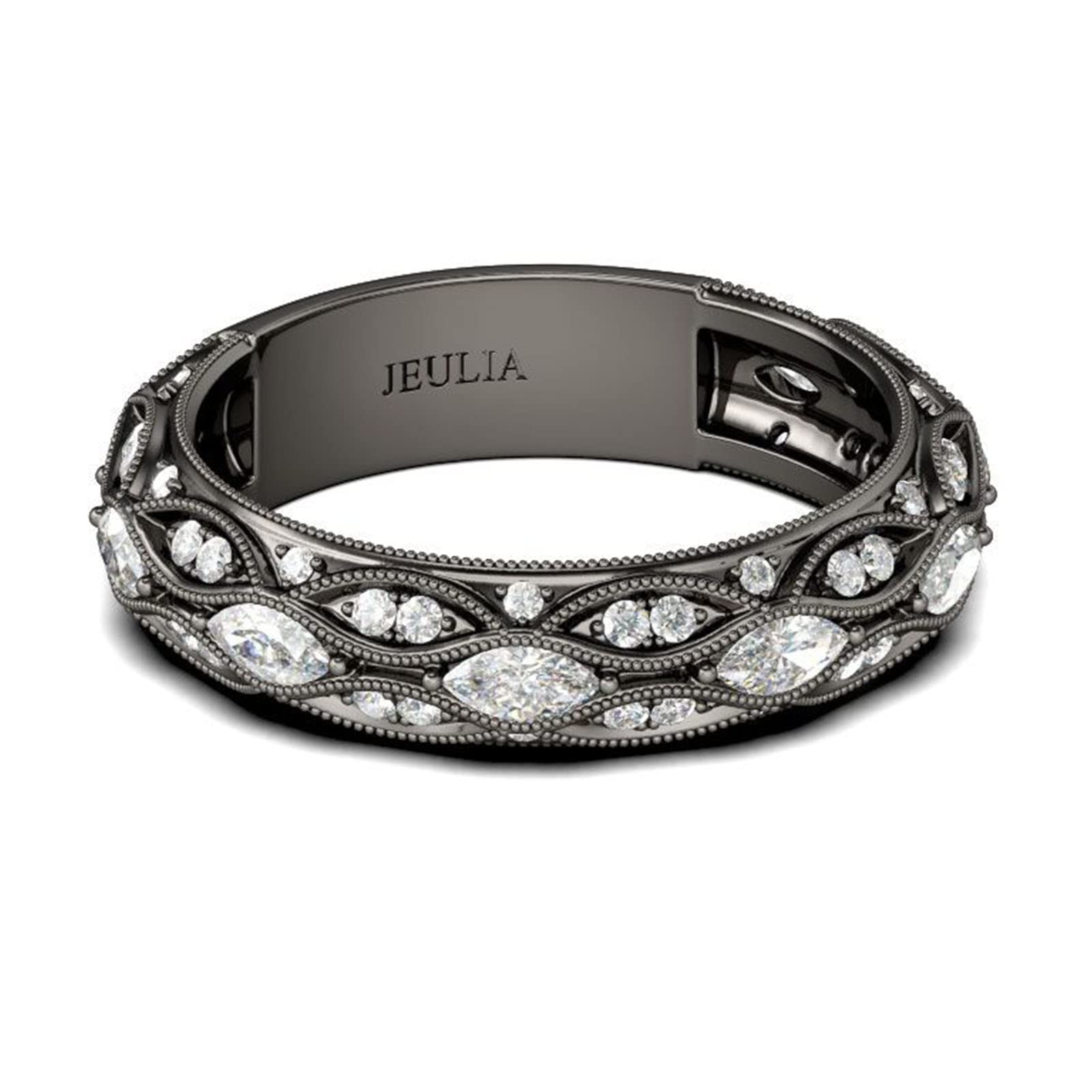 Jeulia Black Sterling Silver Men's Wedding Band with Marquise Cut Diamond & Cubic Zirconia - Gothic Style Engagement Ring for Women, Anniversary Jewelry with Gift Box - Perfect for Proposals, Weddings & Special Occasions