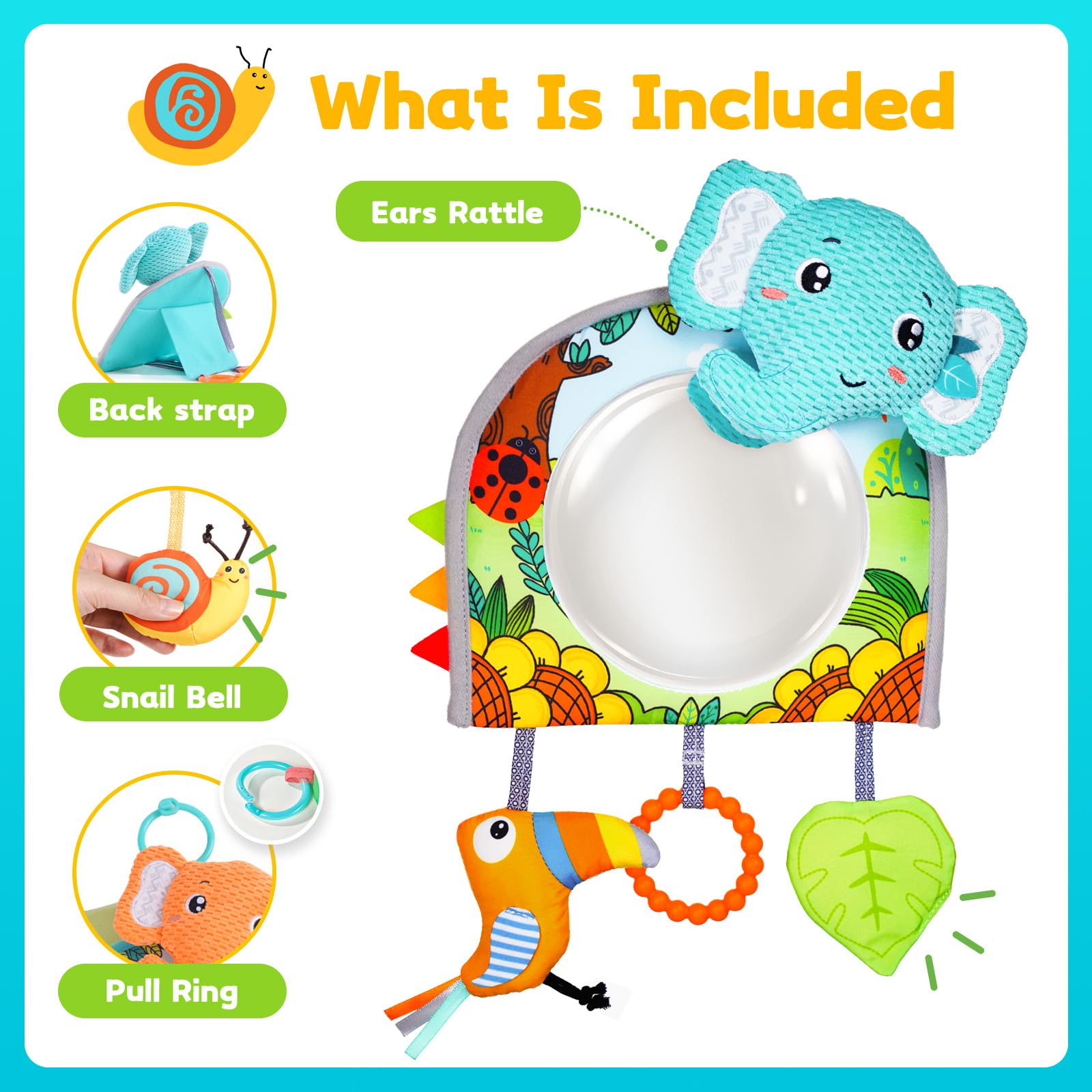Baby Car Seat Toys - Mirror, Teether & Crinkle Paper for Travel & Tummy Time
