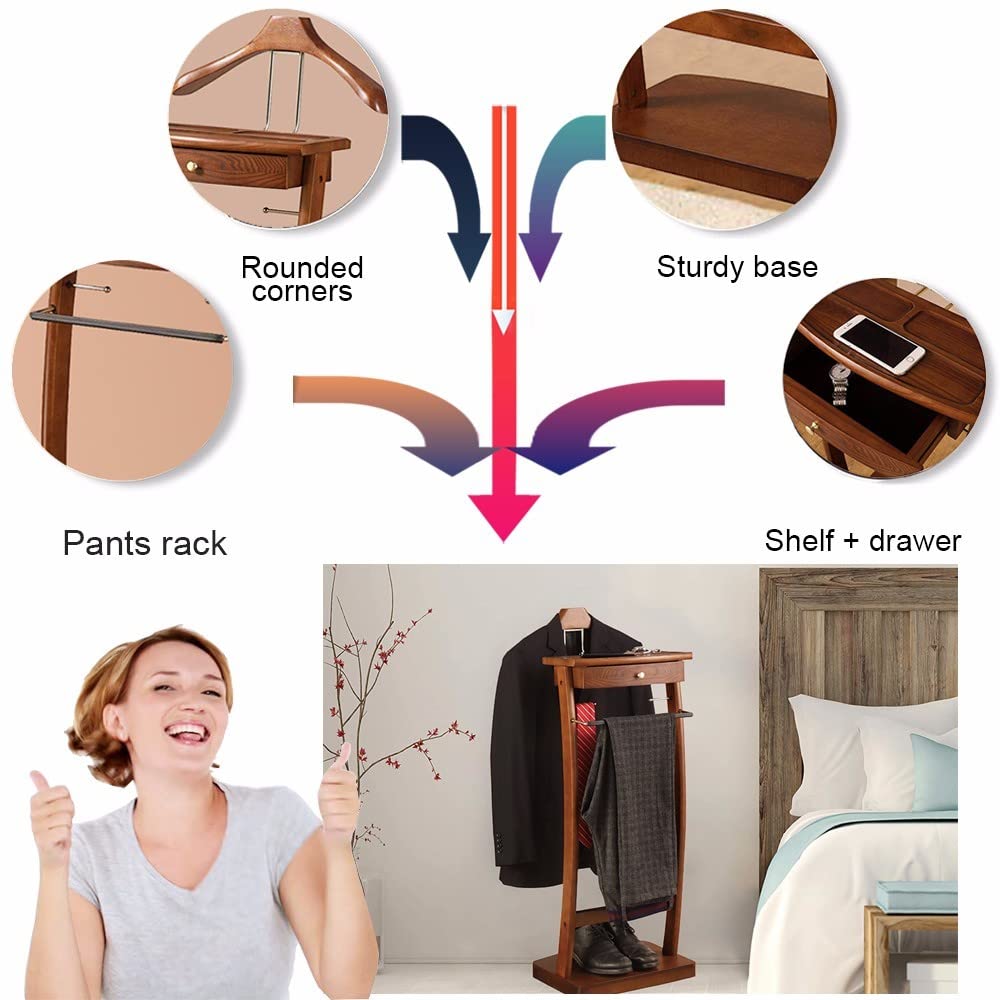 Premium Wooden Suit Valet Stand - 44.4X30X112.2CM Butler Clothing Rack with Stable Base for Suits, Jackets & Pants | Ideal for Office, Living Room & Bedroom Organization | Space-Saving Floor Standing Garment Hanger for Men's Wardrobe