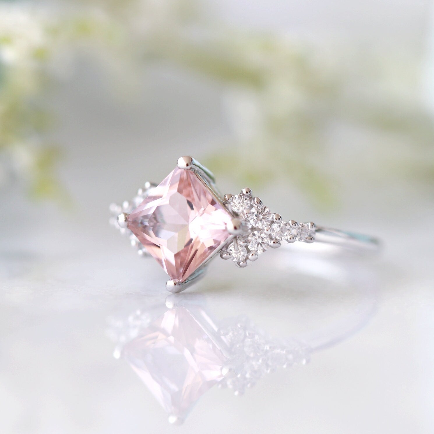 Ellie Morganite Ring Sterling Silver - Elegant Rose Gold Plated Jewelry for Women, Perfect for Engagement, Wedding, Anniversary & Everyday Wear