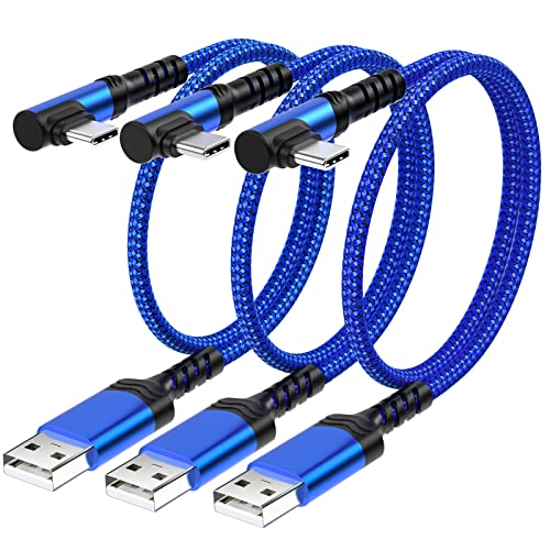 3-Pack AGTRAY Short USB Type C to USB C Fast Charging Cable - 3A Right Angle 90° L-Shape Braided Cord for iPad Pro/Air/Mini, Samsung Galaxy S22/S21/S20/Note 20/10 - Fast Charging & Durable Design (Blue) - Perfect for Travel, Office & Home Use