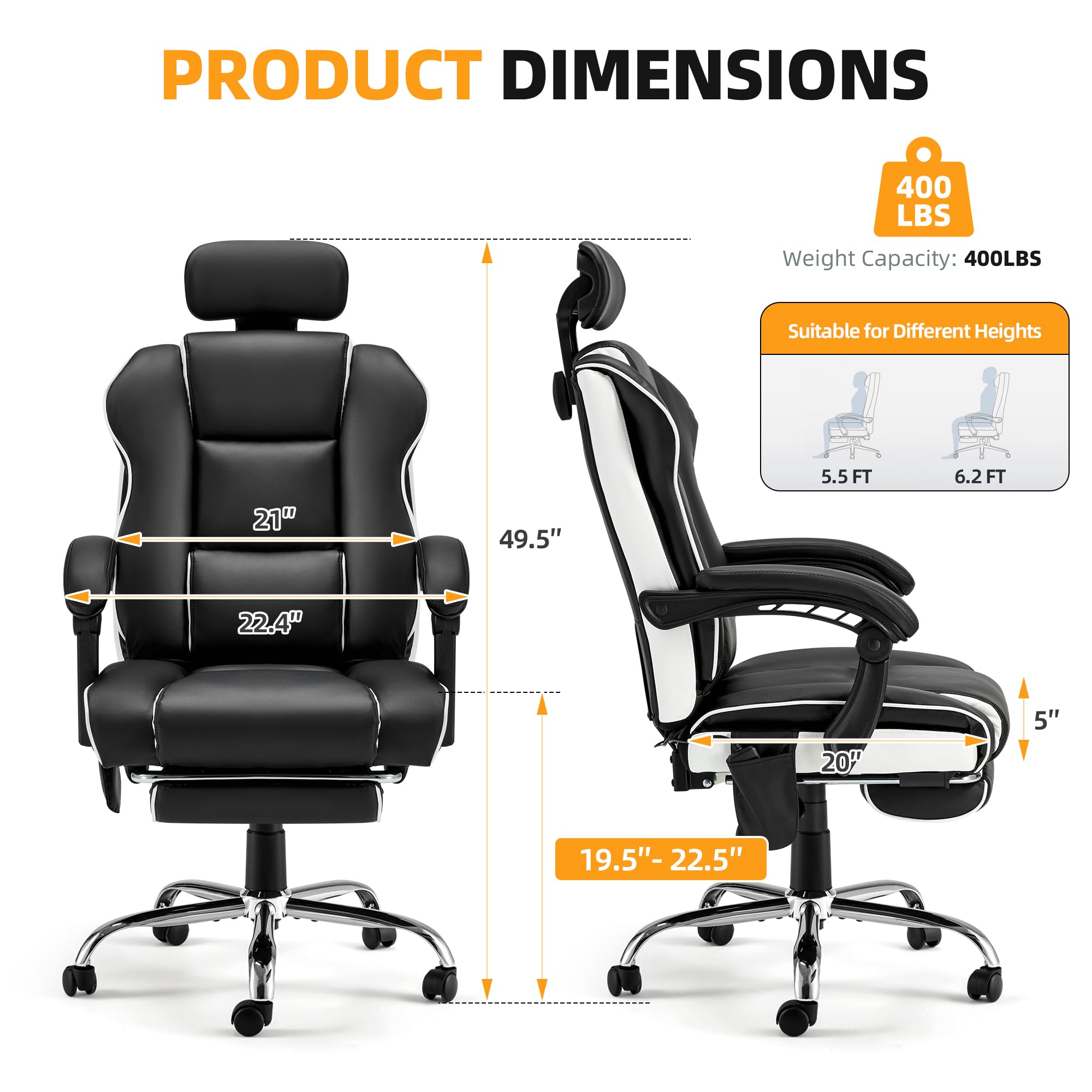 HOMREST 6-Point Ergonomic Massage Office Chair with Adjustable Footrest & Heated Reclining Backrest - Padded Armrest Executive Gaming Chair in Black - Perfect for Home Office, Workstation & PC Gaming Setup