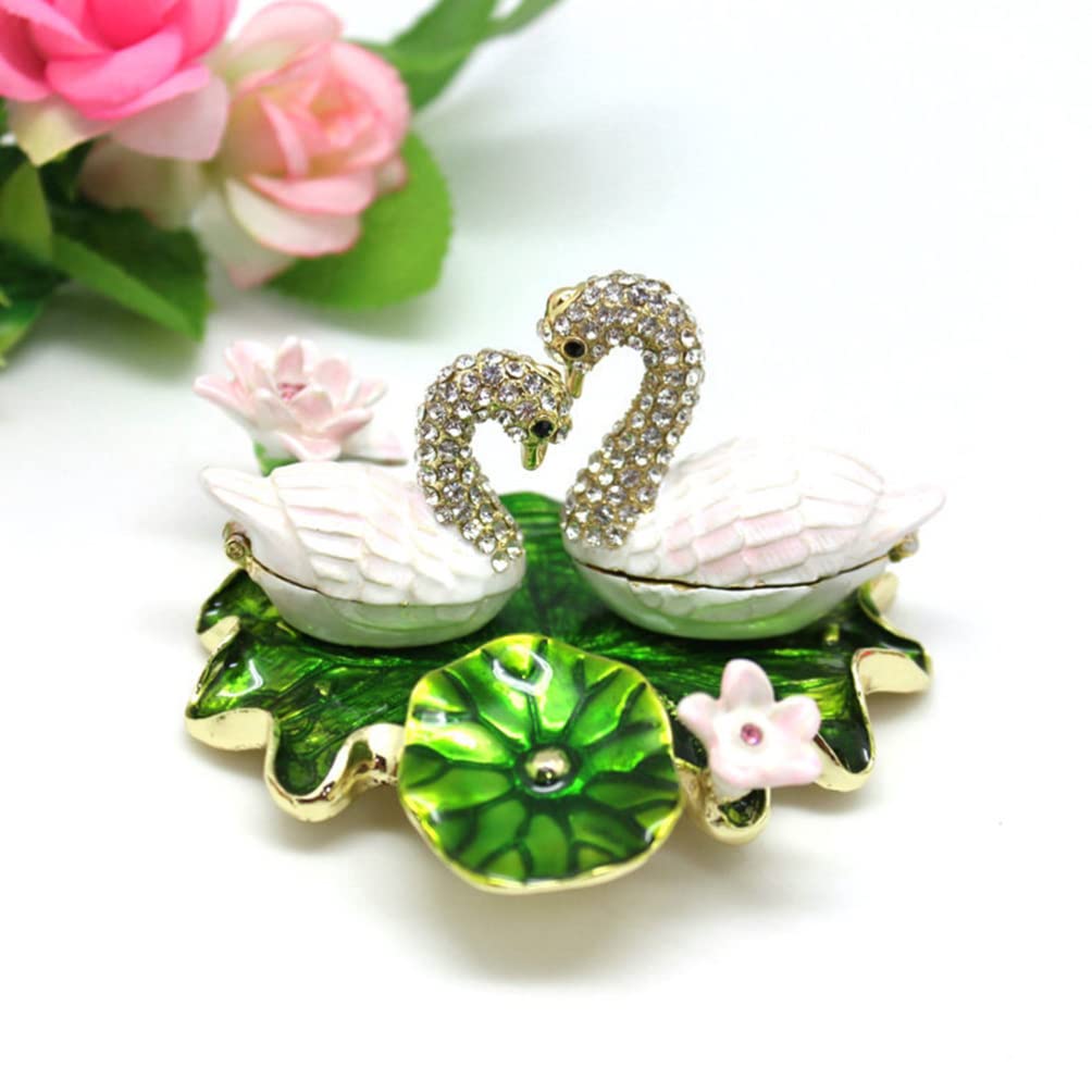 Beavorty Crystal Swan Trinket Box - Hand-Painted Hinged Jewelry Box with Lotus Leaf Dish, Collectible Ring & Earrings Holder for Women, Girls Birthday Gift | Perfect for Home Decor, Dresser Organizer & Gift Giving