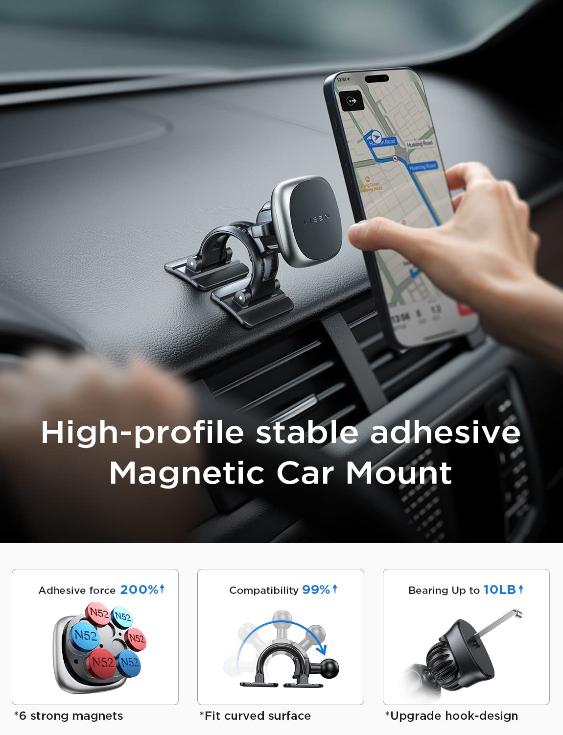 LISEN Magnetic Car Phone Holder with 6 Strong Magnets, Universal Vent Mount for iPhone & Case-Friendly Devices, Perfect Gift for Men & Women - Ideal for Road Trips & Daily Commutes