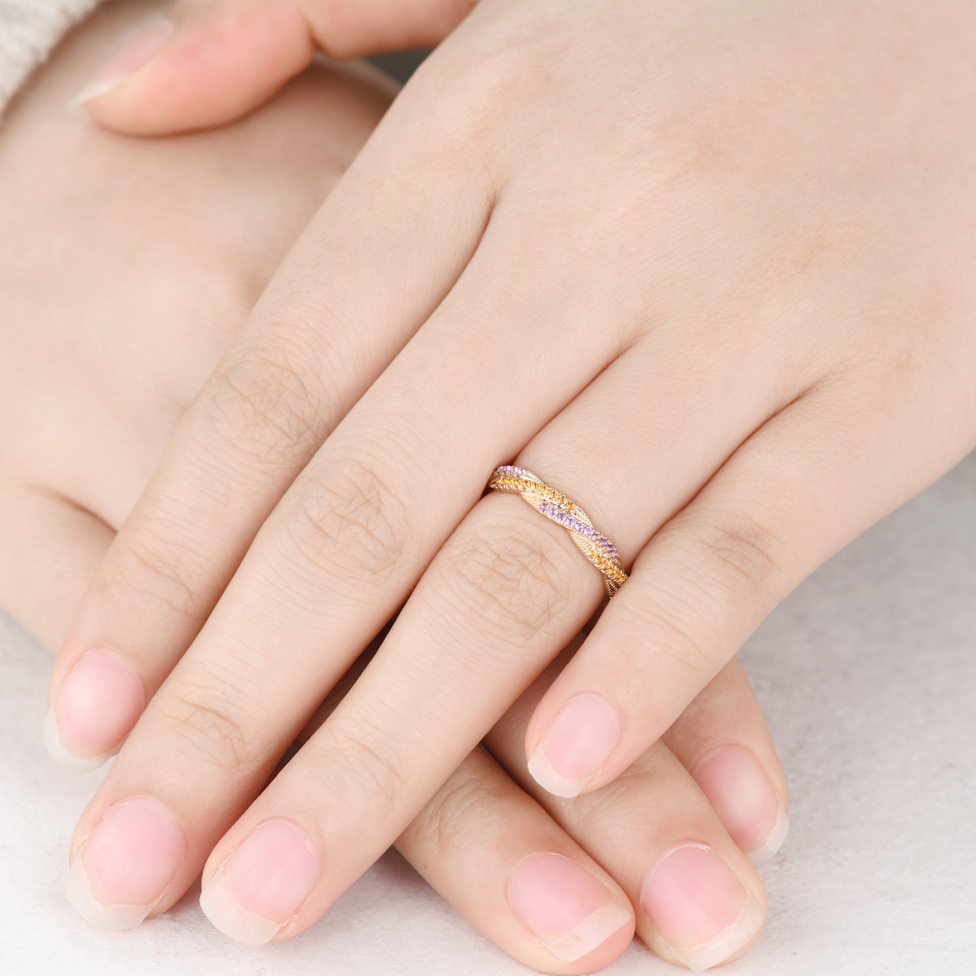Twisted Amethyst & Citrine Yellow Gold Double Wedding Band Full Eternity Ring for Women - Perfect for Anniversaries, Engagements & Special Occasions