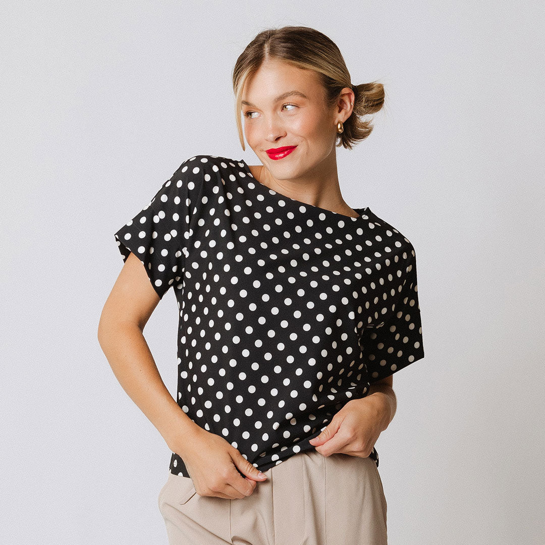 Boss Tee - Black Polka Dot Women's T-Shirt | Casual Short Sleeve Blouse for Work & Everyday Wear