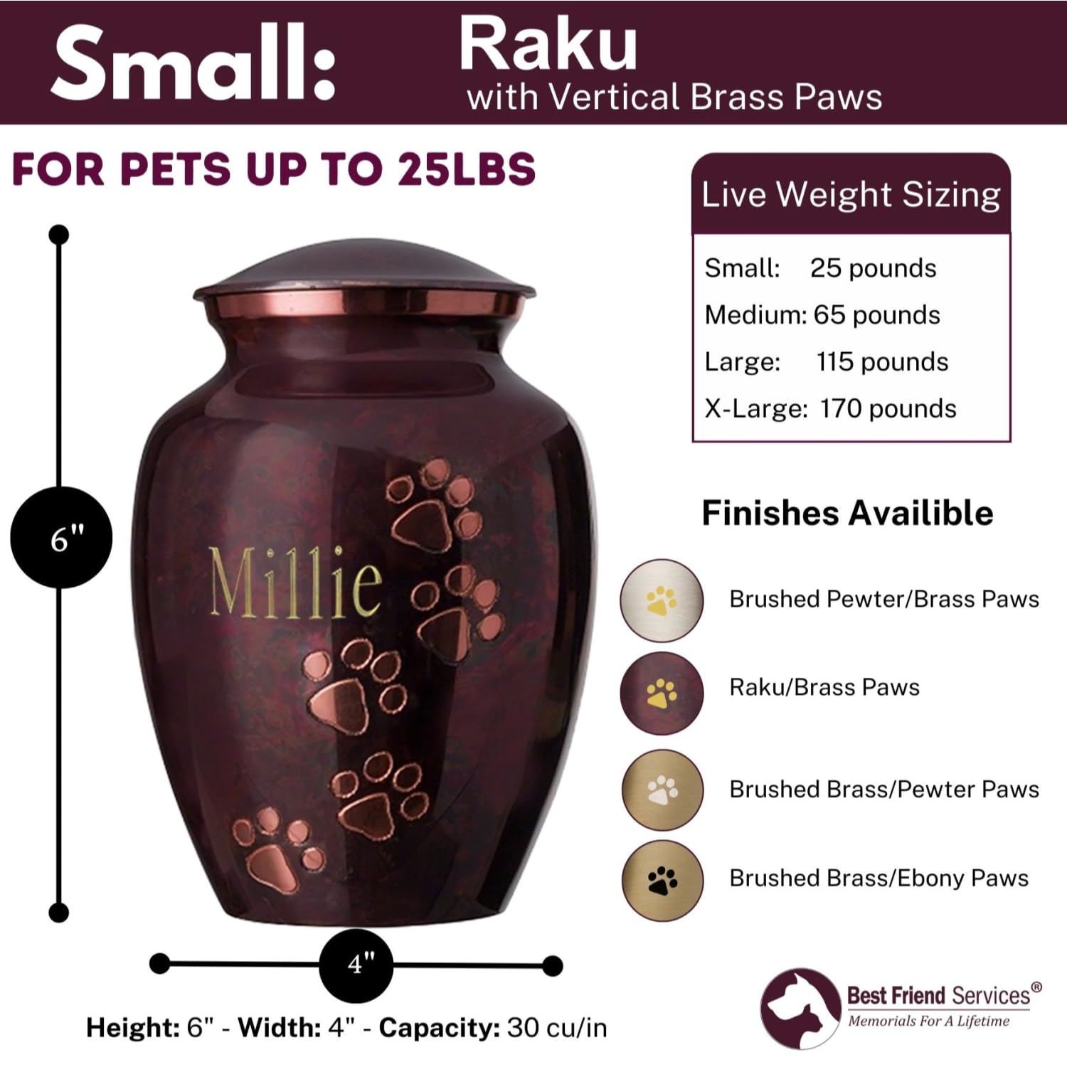 Ottillie Paws Elite Series Personalized Pet Urn for Dogs & Cats - Custom Engraved Memorial Urn in Raku, Brass (Vertical, Small) - Perfect for Home Memorials & Pet Ashes Keepsakes