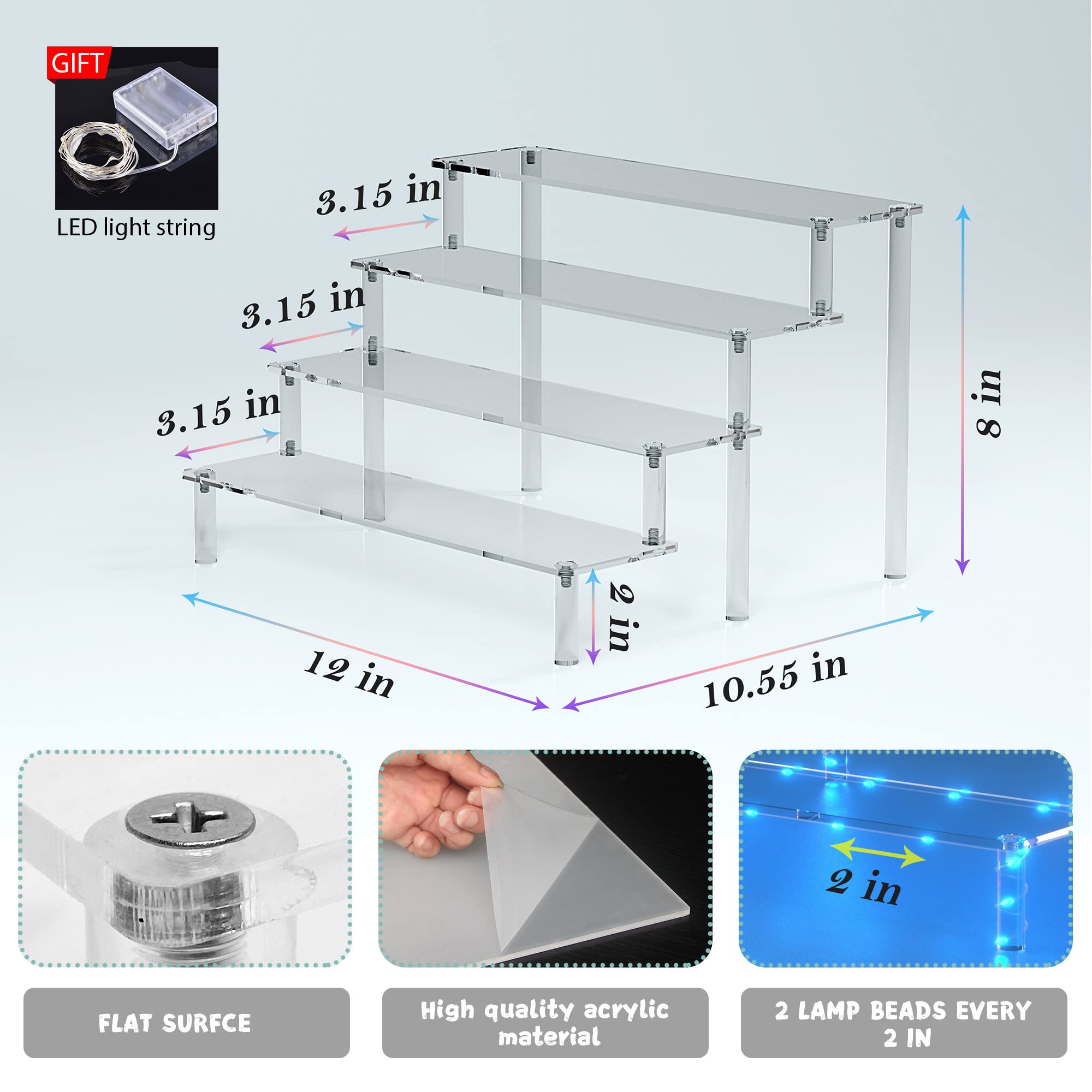 4-Tier Acrylic Riser Display Shelf with Blue LED Lights - Perfect Cupcake Stand, Dessert Display, Cake Pop Holder for Thanksgiving, Parties & Events - Great for Showcasing Cosmetics, Glassware, Figurines & Home Decor
