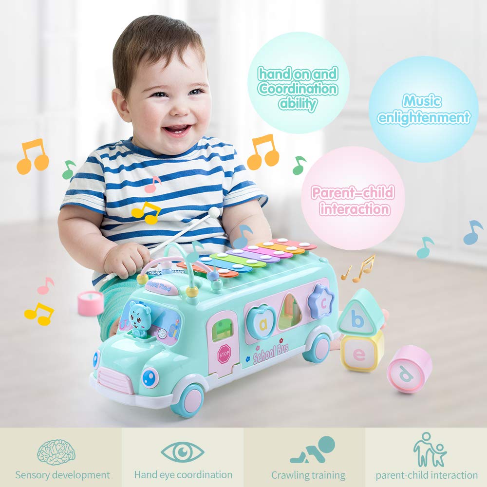 Baby Musical School Bus Xylophone Toy for Toddlers 1-3 Years - Shape Puzzles & Knocking Xylophone Educational Toy for 1 Year Old Boys & Girls - Perfect Christmas Birthday Gift for Learning & Playtime Fun