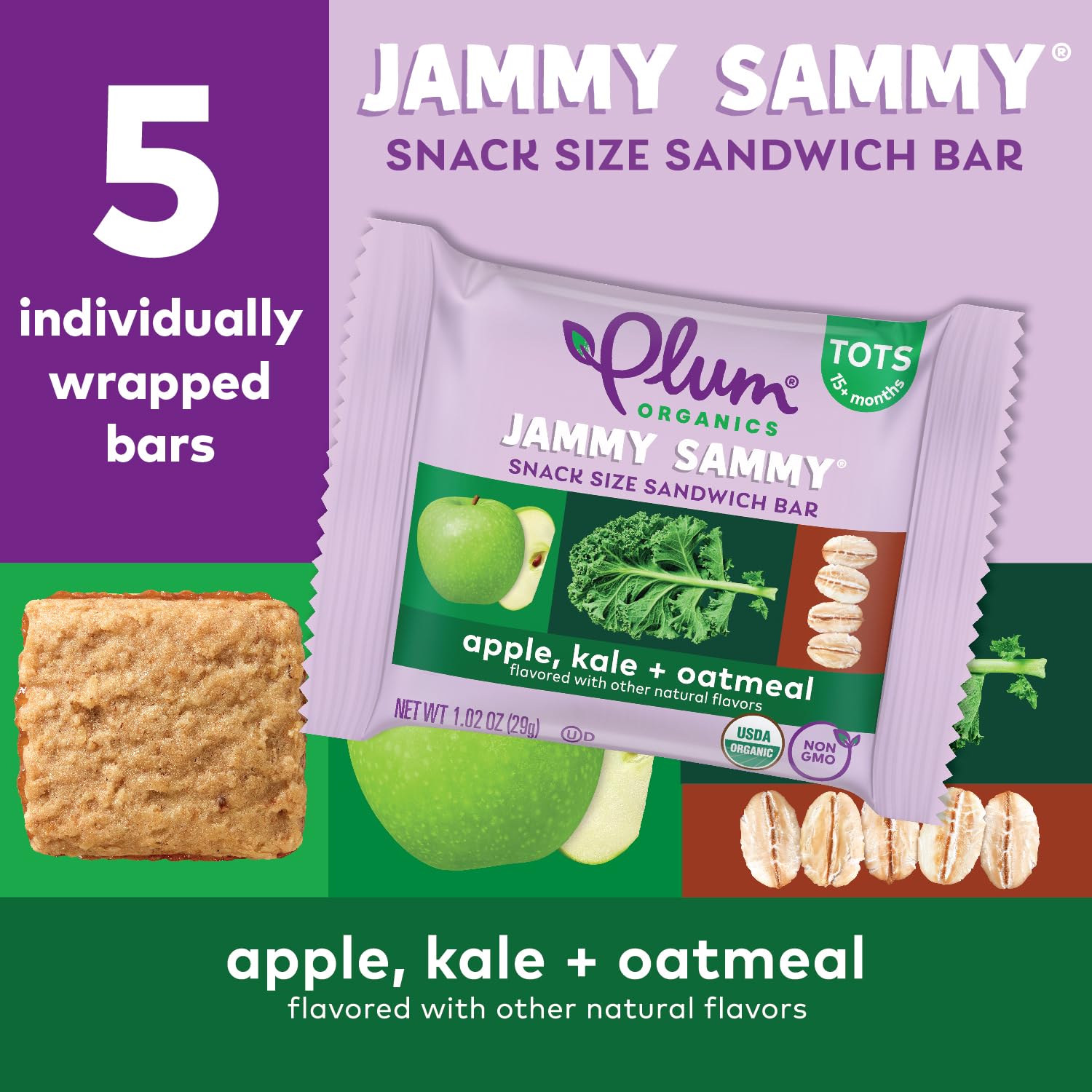 Organic Toddler Snack Bars - Plum Jammy Sammy Apple Kale Oatmeal - Pack of 30 for On-the-Go