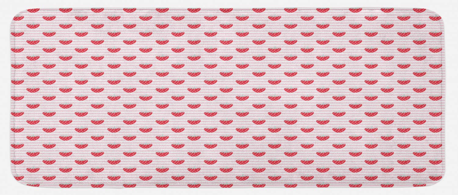 Ambesonne Non-Slip Kitchen Rug - 47x19 Inch Plush Strawberry Fruit Pattern Mat for Girls, Pink Seafoam Striped Decor | Perfect for Kitchen, Dining Room, or Breakfast Nook Floor Protection