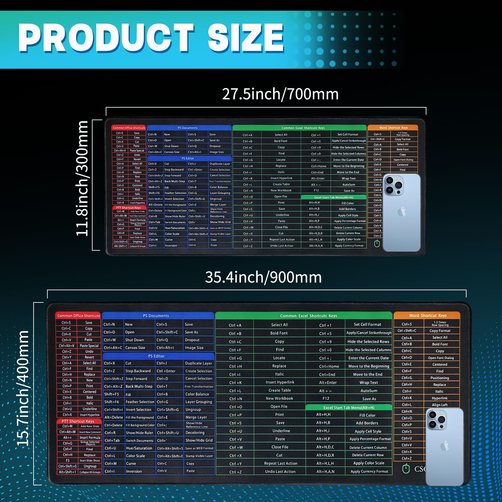 Excel Shortcuts Cheat Sheet Mouse Pad - Large Non-Slip Office Desk Mat with PS/Word/PPT Keyboard Shortcuts, Perfect Spreadsheet Accessory for PC Users - Ideal Employee Appreciation Gift (27.5x11.8x0.08 Inches) | Boost Productivity for Accountants, Data Analysts & Office Professionals