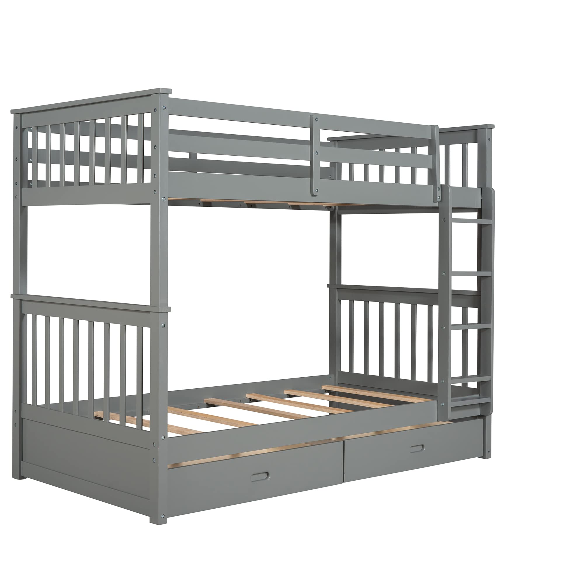 P PURLOVE Twin Over Twin Bunk Bed with 2 Storage Drawers, Solid Wood Bunk Bed Frame with Ladder, Convertible to 2 Separate Twin Beds for Teens, Kids, Boys & Girls - No Box Spring Needed (Gray) | Space-Saving Solution for Small Bedrooms, Dorm Rooms & Shared Kids' Rooms