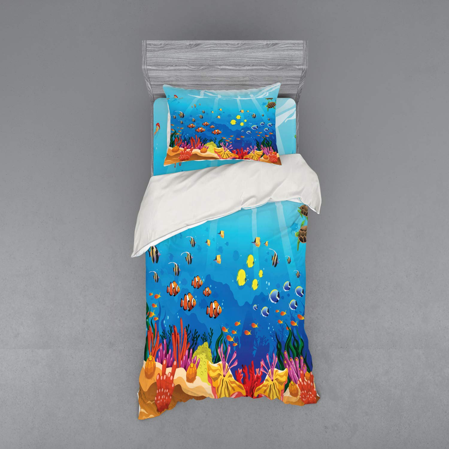 Ocean Themed Duvet Cover Set - Navy Blue Sealife Print with Fish, Shells, Bubbles & Sunbeams | 3-Piece Twin Size Bedding Set with Sham & Fitted Sheet | Perfect for Kids' Rooms, Beach Houses & Coastal Decor