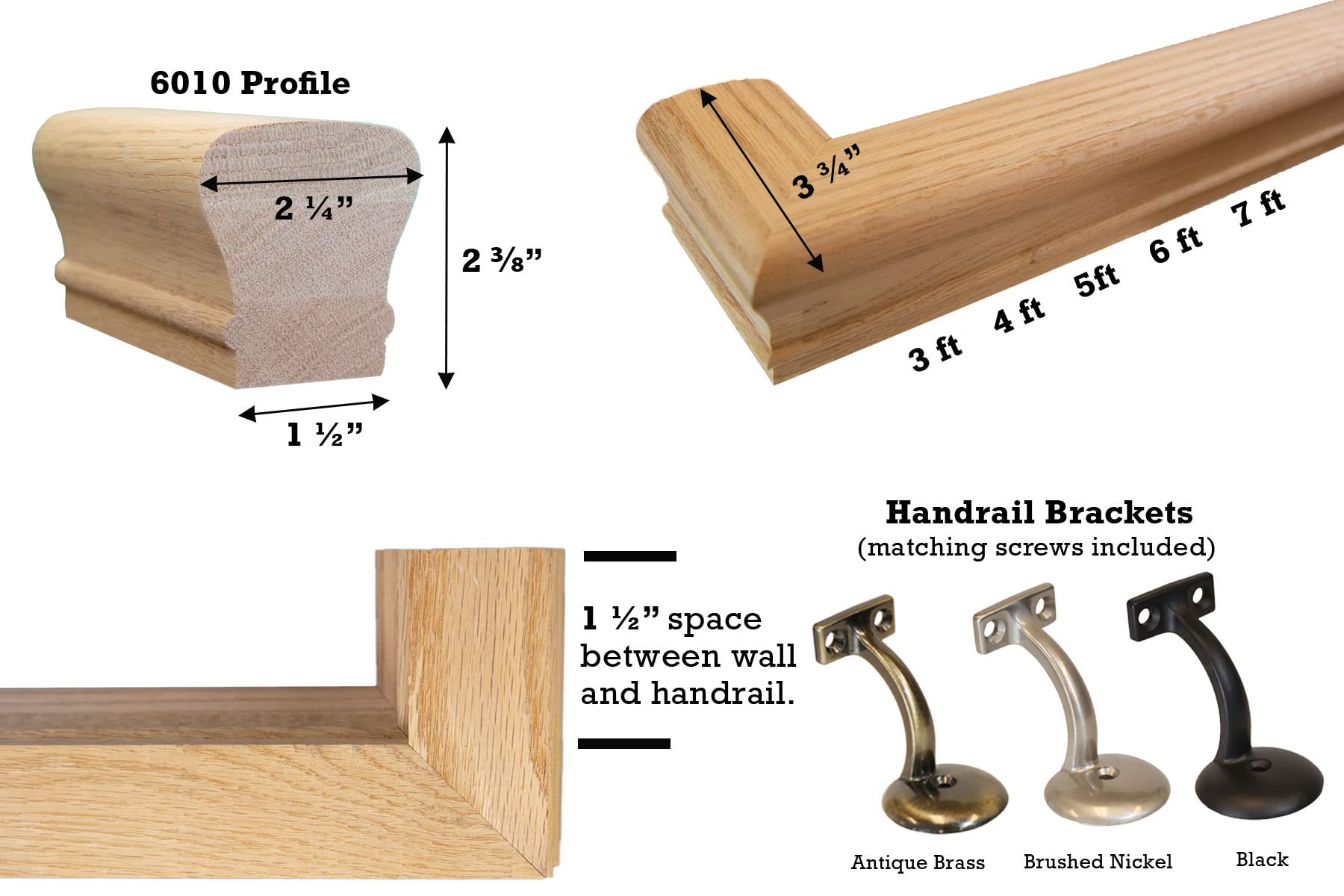 Premium Solid Red Oak Handrail Kit with Wall Returns & Mounting Brackets - Includes Matching Screws - 6010 Profile Unfinished - 3 Feet - Brushed Nickel Finish - Perfect for Staircases, Hallways & Indoor Home Safety