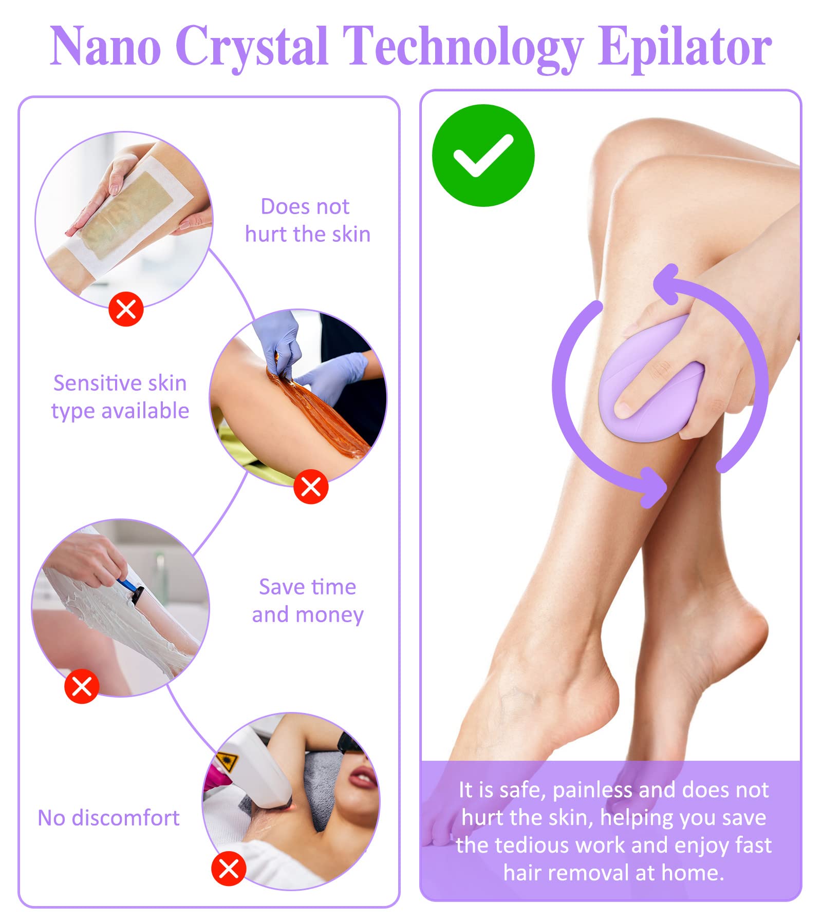 Nano Crystal Hair Removal Stone - Painless & Reusable Hair Remover for Men & Women | Quick & Easy Crystal Hair Eraser for Smooth Skin | Perfect for Face, Legs, Arms & Bikini Line