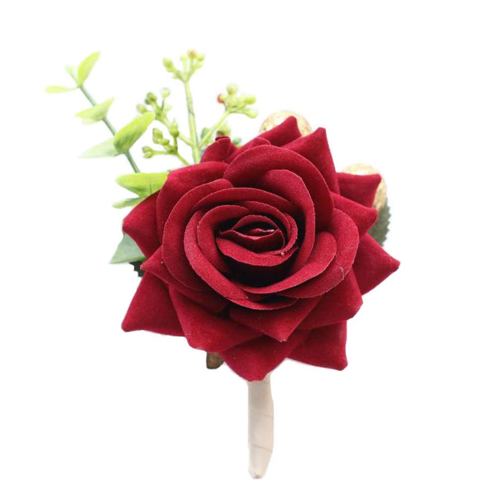 MOUN Silk Rose Boutonniere - Artificial Wedding Flower for Men's Suit, Groom & Groomsmen - Burgundy Boutonniere Pin (Set of 2) - Perfect for Weddings, Proms & Formal Events