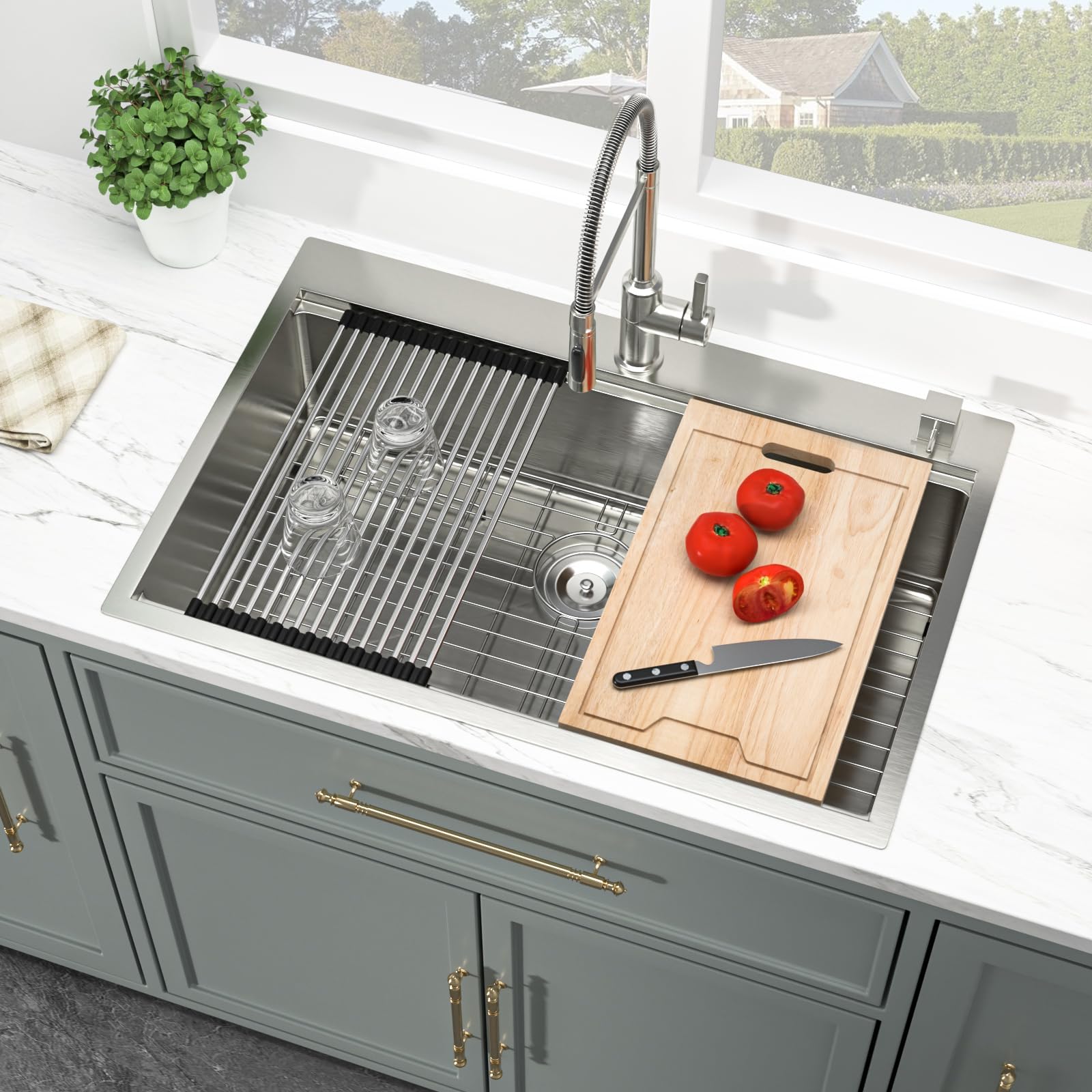 33 Inch Drop-in Kitchen Sink - 16 Gauge Stainless Steel Single Bowl Topmount Sink with Ledge Workstation | Handmade Basin for Modern Kitchens | Perfect for Meal Prep, Dishwashing & Small Space Cooking