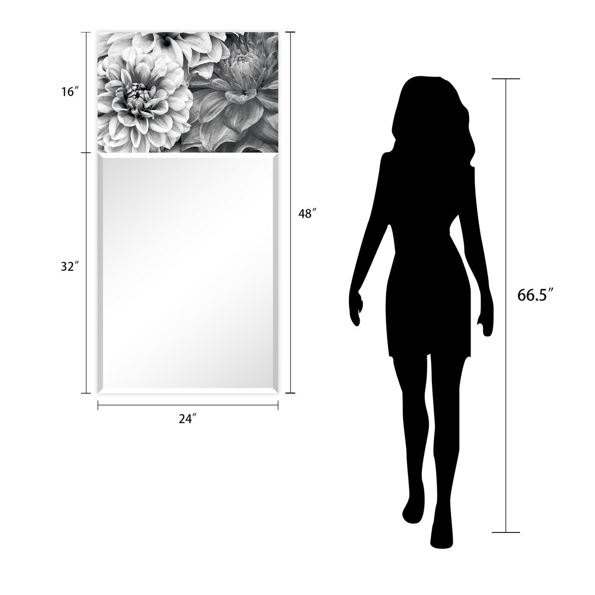Blossoms Rectangular Beveled Mirror - Free Floating Printed Tempered Art Glass - 24 x 48 Inches - Clear Wall Mirror for Living Room, Bedroom & Bathroom Decor