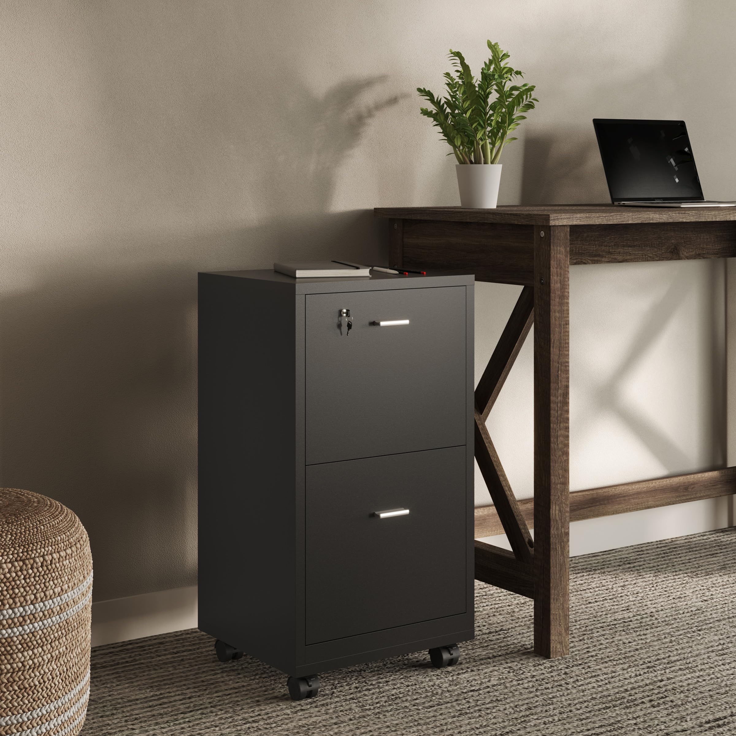 Lavish Home 2-Drawer File Cabinet with Lock - Deep Storage Rolling Filing Cabinet for Under Desk, Home & Office Use - Black - Perfect for Organizing Documents, Bills, and Office Supplies in Small Spaces