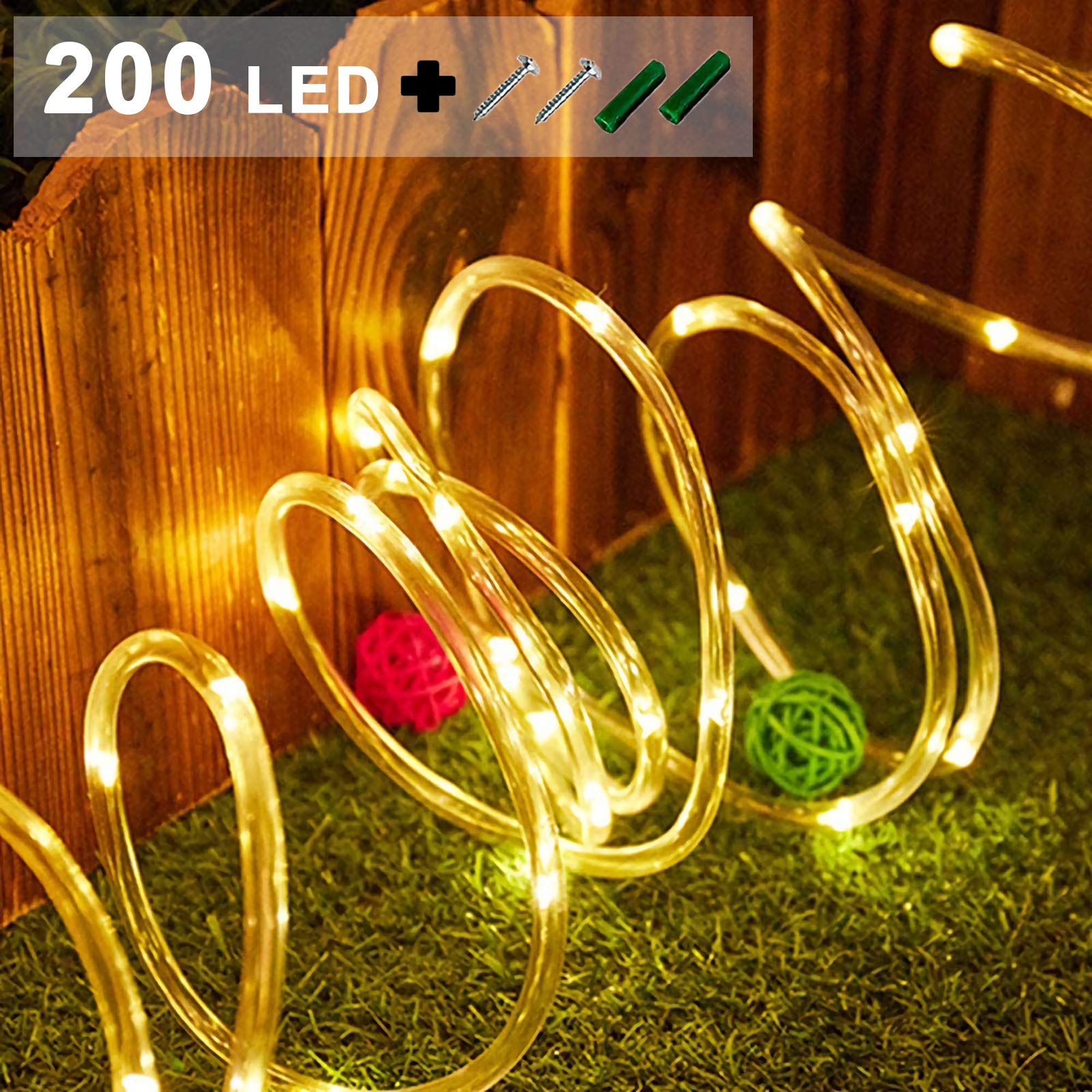 200 LED Solar Rope Lights - 66 Feet Waterproof Outdoor Solar String Lights with 8 Modes | Warm White Solar Fairy Lights for Garden, Patio, Pool, Party, Wedding & Christmas Decorations | Perfect for Backyard, Pathway, Fence and Holiday Lighting