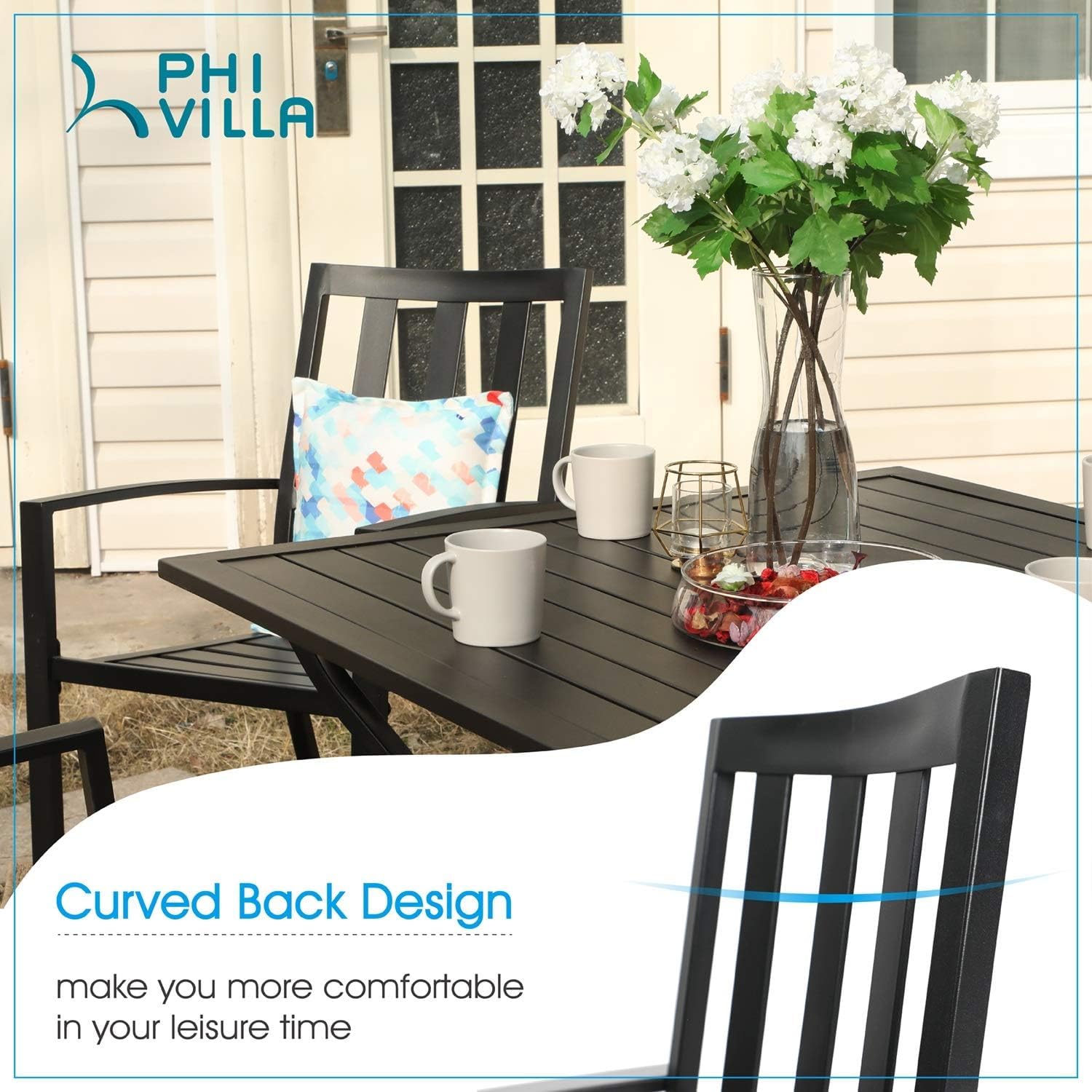 PHI VILLA Wrought Iron Patio Dining Chairs - Set of 2 Stackable Black Metal Bistro Chairs for Indoor & Outdoor Use, Garden, Lawn, Deck - Supports 300 lbs - Perfect for Backyard Dining, Poolside Relaxation, and Outdoor Entertaining