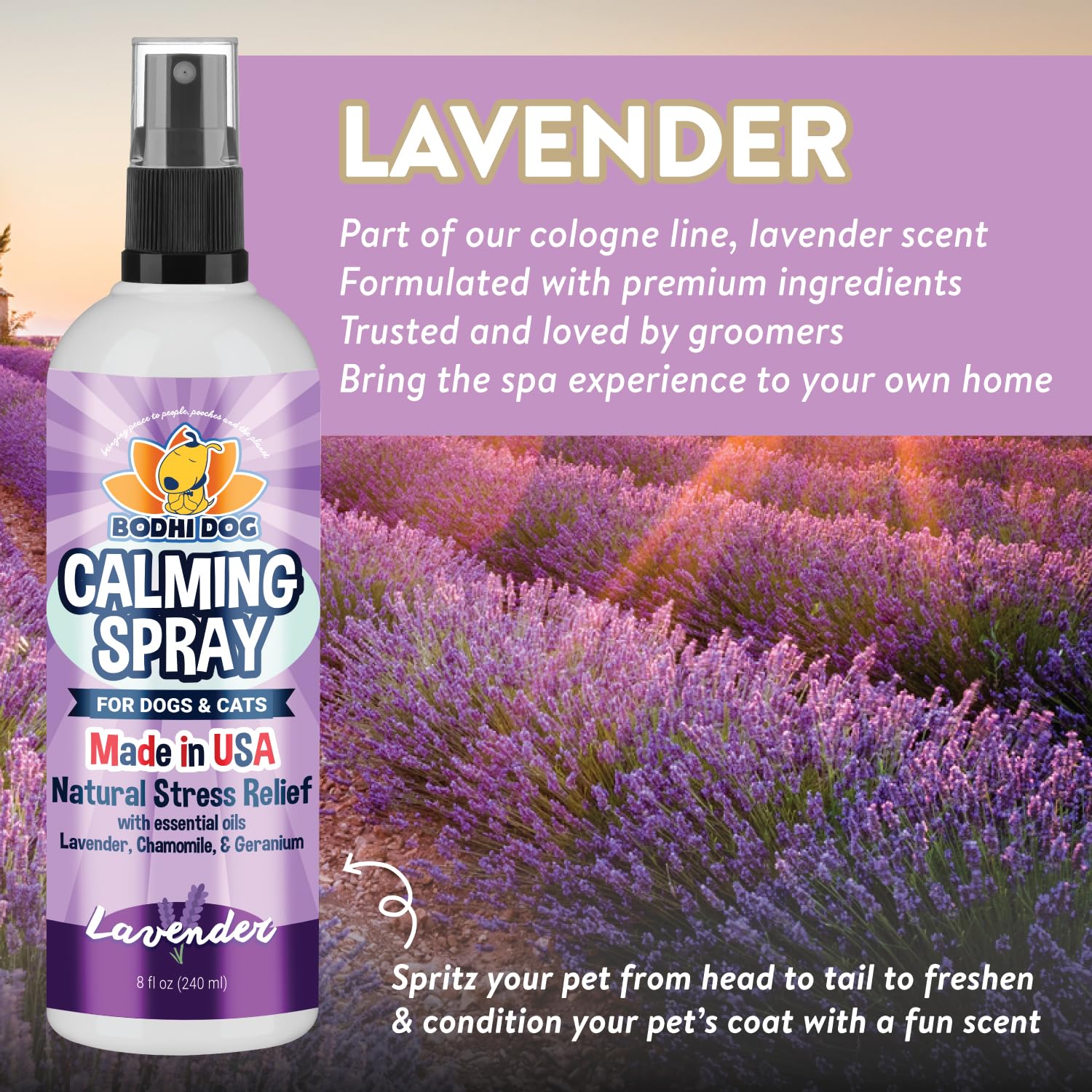 Bodhi Dog Natural Calming Spray for Dogs - Soothing Lavender Scent Pet Anxiety Relief - Made in USA - 8 Fl Oz - Perfect for Grooming, Travel, Fireworks, Vet Visits & Thunderstorms