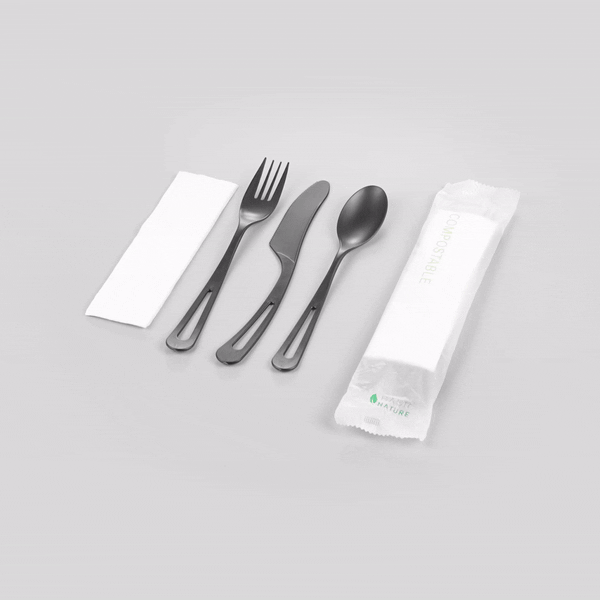 Eco-Friendly Black CPLA Plastic Cutlery Set - 100-Piece Compostable Utensils with Biodegradable Wrapper & White Napkins | Heat Resistant, 7.5