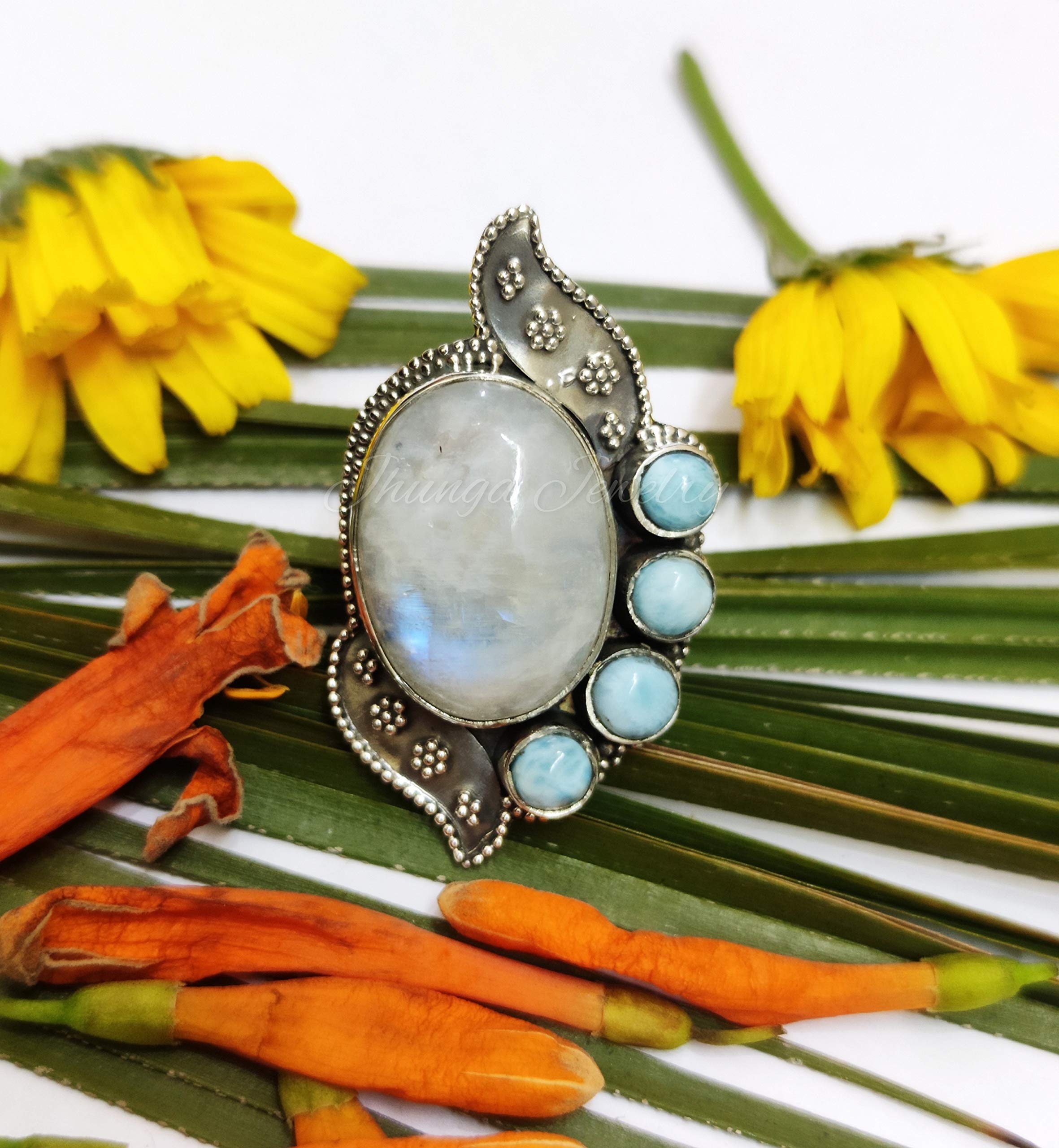 Natural Moonstone & Larimar Sterling Silver Ring - Antique Vintage Unique Jewelry - Five Stone Bohemian Statement Ring - Handmade Dominican Republic Larimar Jewelry - Perfect for Boho Chic Outfits, Beach Weddings & Spiritual Healing