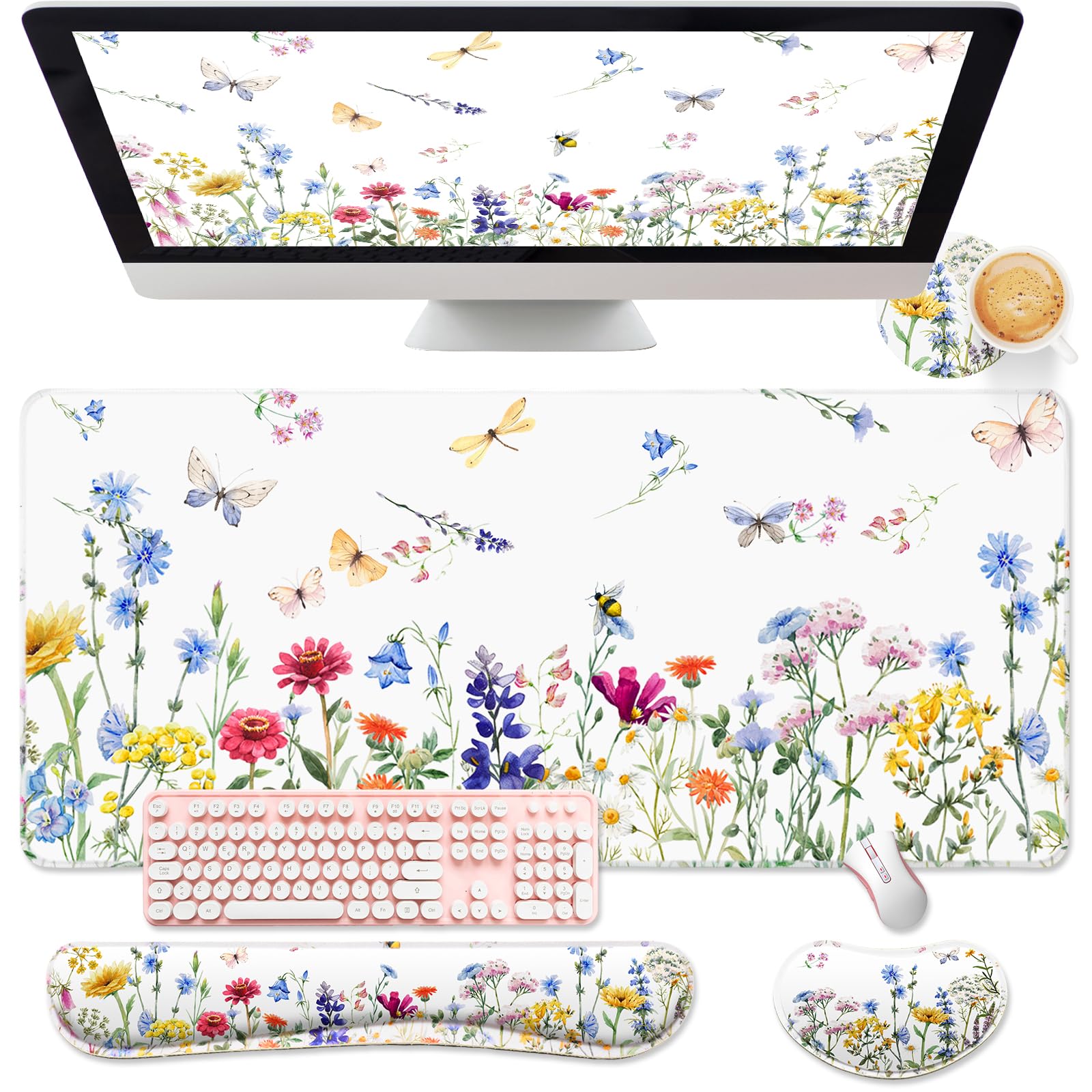 Saillong 4-Piece Floral Mouse Pad Set - Extra Large Wildflower Desk Mat, White Gaming Mouse Pad with Wrist Support for Women & Coworkers - Perfect for Office, Home & Gaming Setup
