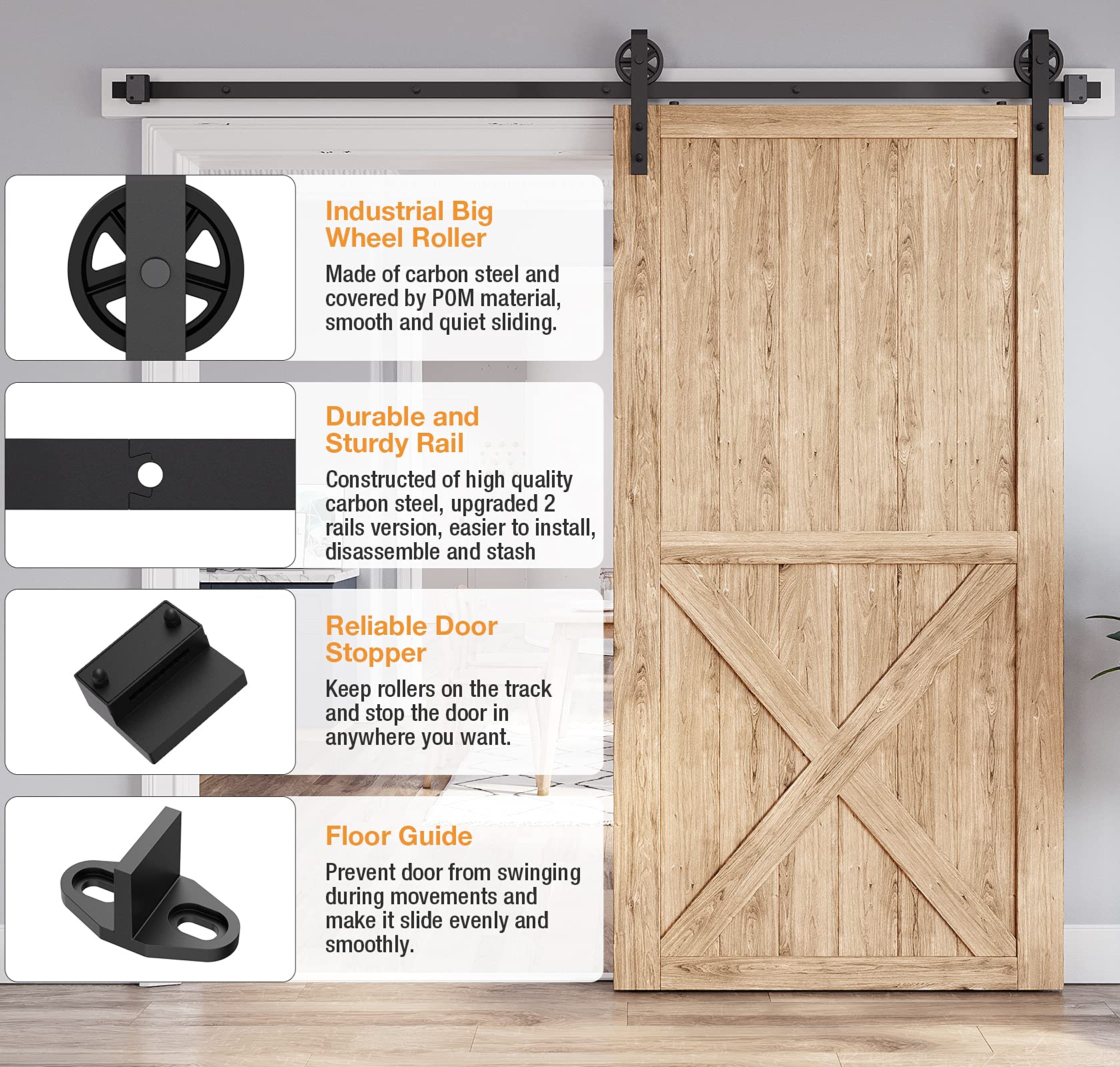 8FT Heavy Duty Sliding Barn Door Hardware Kit - Industrial Big Wheel J Hangers for Wood Single Doors (Fits 1 3/8