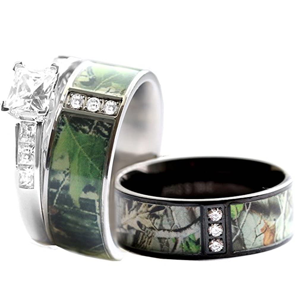 His & Hers Stainless Steel Camo 925 Silver Engagement Wedding Rings Set - Black (Size 13 & 8) - Perfect for Military Couples, Outdoor Enthusiasts & Unique Wedding Bands