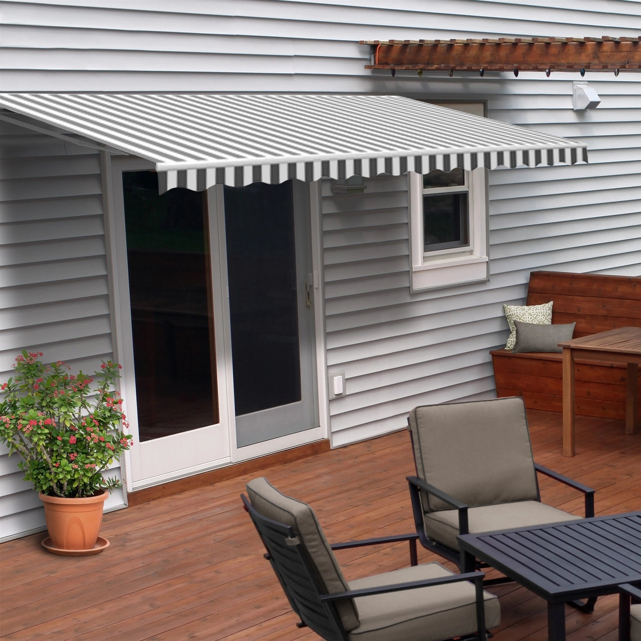 Aleko 16x10 Feet Motorized Retractable Patio Awning - White Frame with Gray & White Stripes for Outdoor Shade & Backyard Relaxation