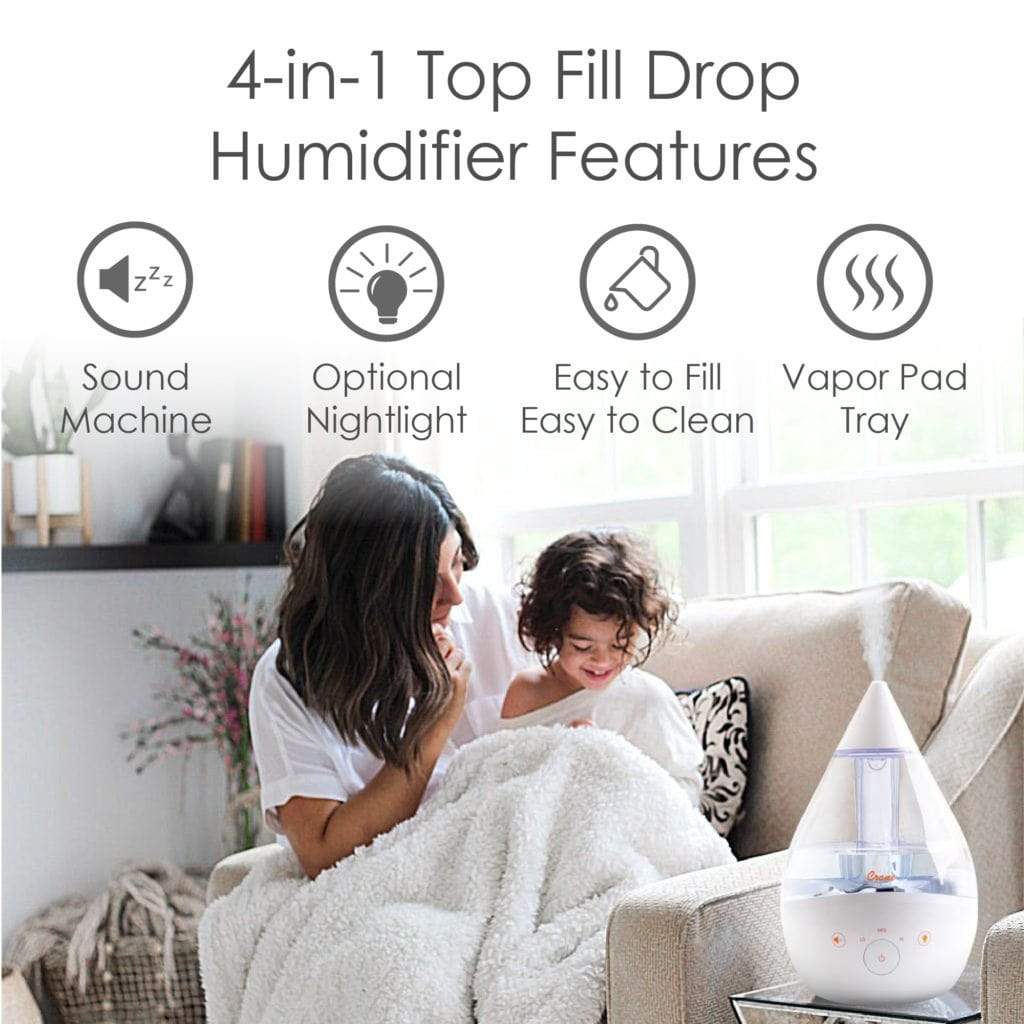 4-in-1 Crane Drop Top Fill Humidifier with Sound Machine - Clear/White | Ultrasonic Cool Mist Humidifier for Bedroom, Nursery & Office | Quiet Air Moisturizer with Night Light & Essential Oil Diffuser