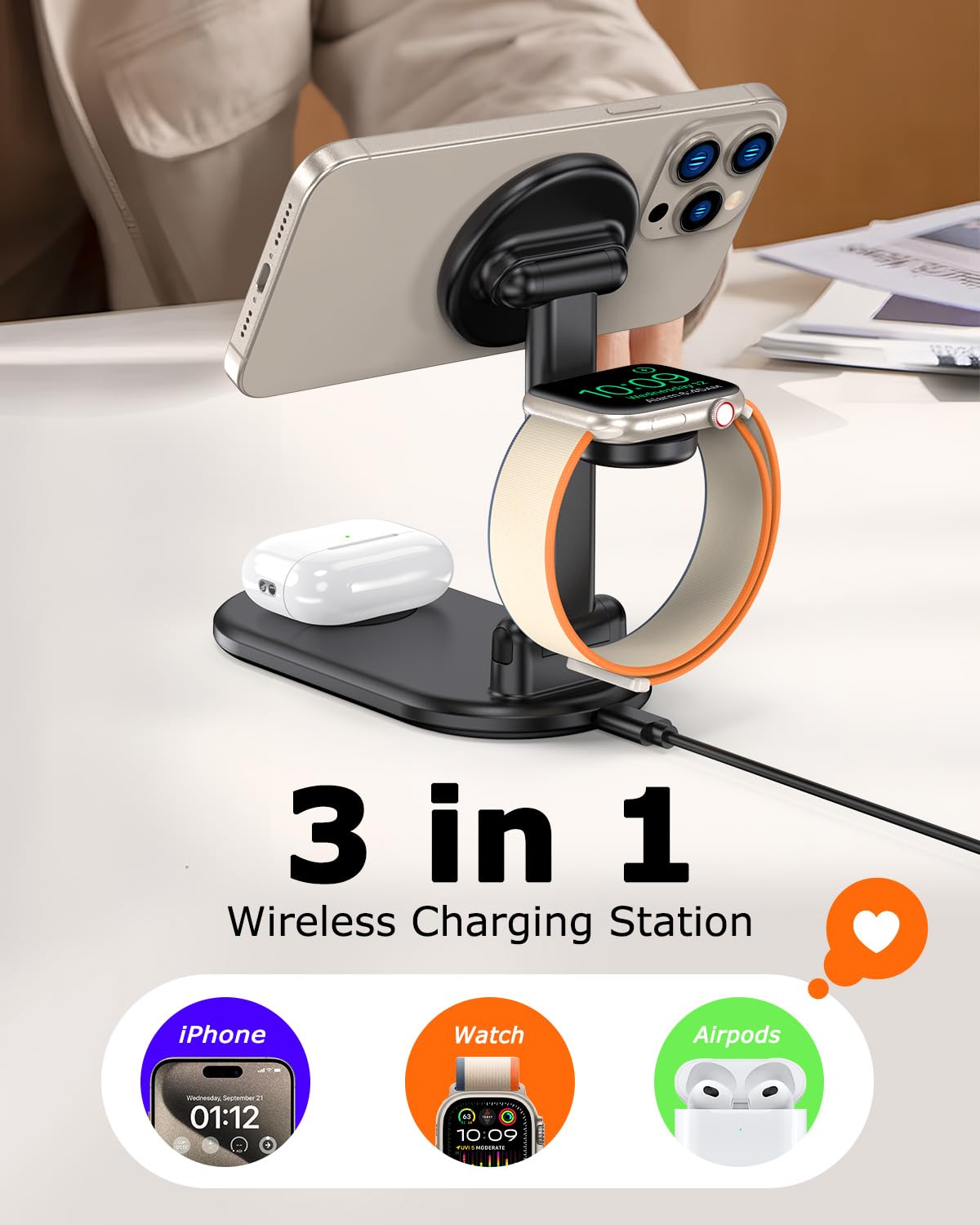 3-in-1 Magnetic Wireless Charging Station with MagSafe - 15W Fast Foldable Charger for iPhone 16/15/14/13/12, Apple Watch & AirPods - Portable Travel Charger for Home, Office & Car (Black)