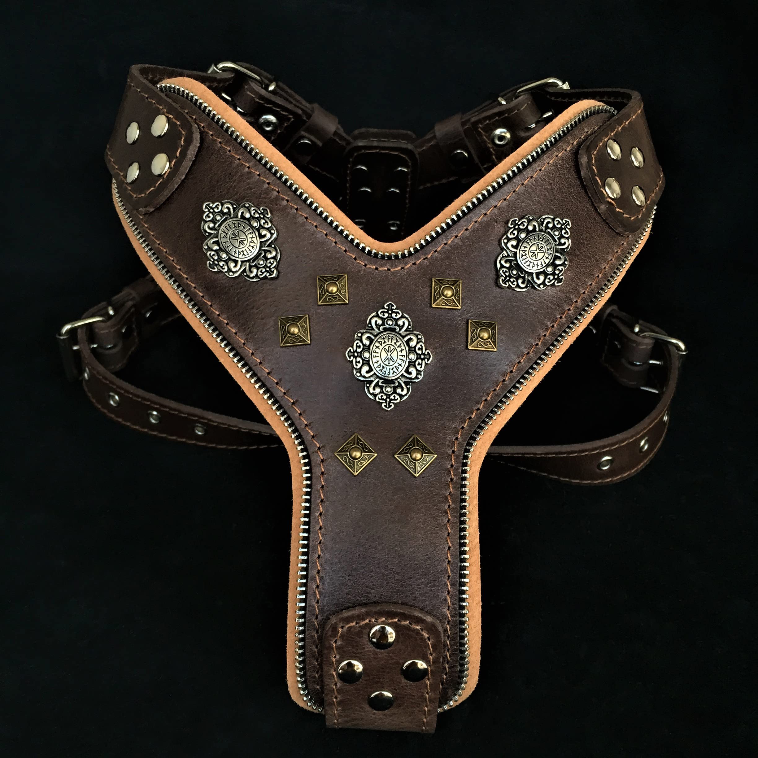 Aztec Big Dog Leather Harness - 2-Tone Rivet & Zipper Decorations - Handmade in Europe with Foam & Leather Padding - Durable Pet Gear for Large Breeds - Perfect for Walking, Training & Outdoor Adventures