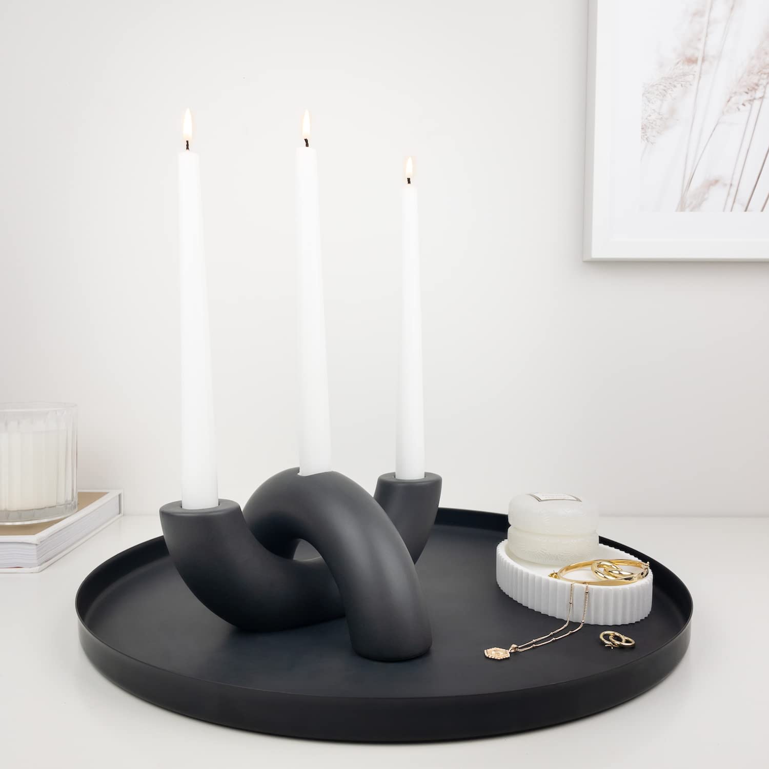 Black Ceramic Candle Holder Set - Modern 3-Taper Candelabra for Dining & Living Room Decor
