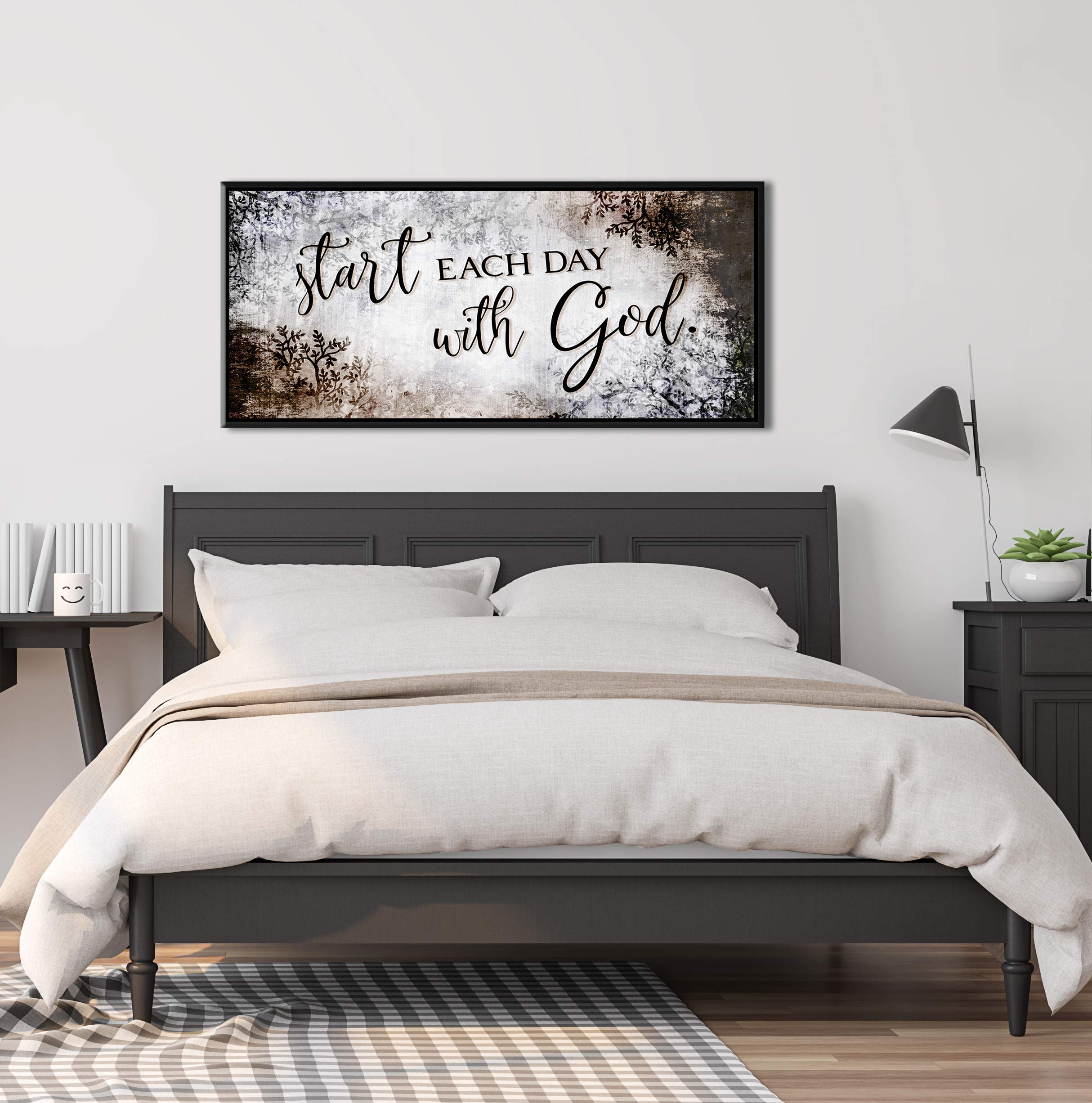 Start Each Day With God | Inspirational & Religious Wall Decor | Positive Quotes & Spiritual Room Decor | Brown & Black Floating Frame 42x19 | Perfect for Bedroom, Living Room & Prayer Space