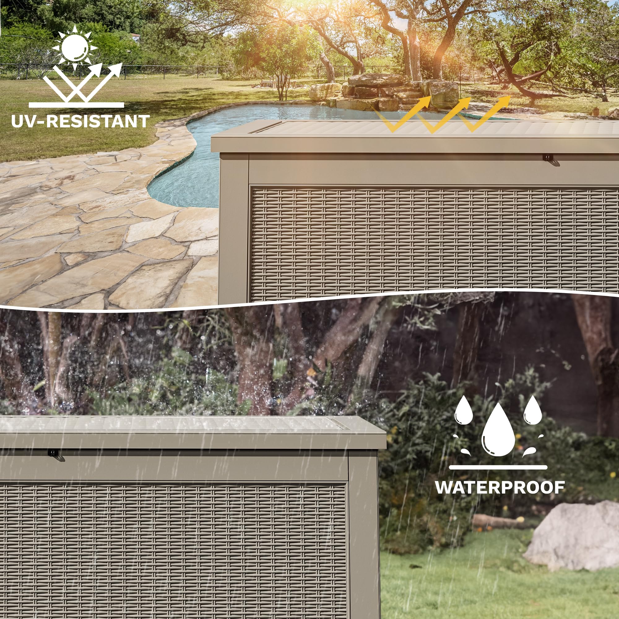 DWVO 260 Gallon Resin Outdoor Storage Box - XXL Waterproof Deck Box with 1000 lbs Capacity, Lockable Lid, Doubles as Patio Table or Seating (Brown) - Perfect for Backyard, Garden, Poolside & Deck Storage Organization