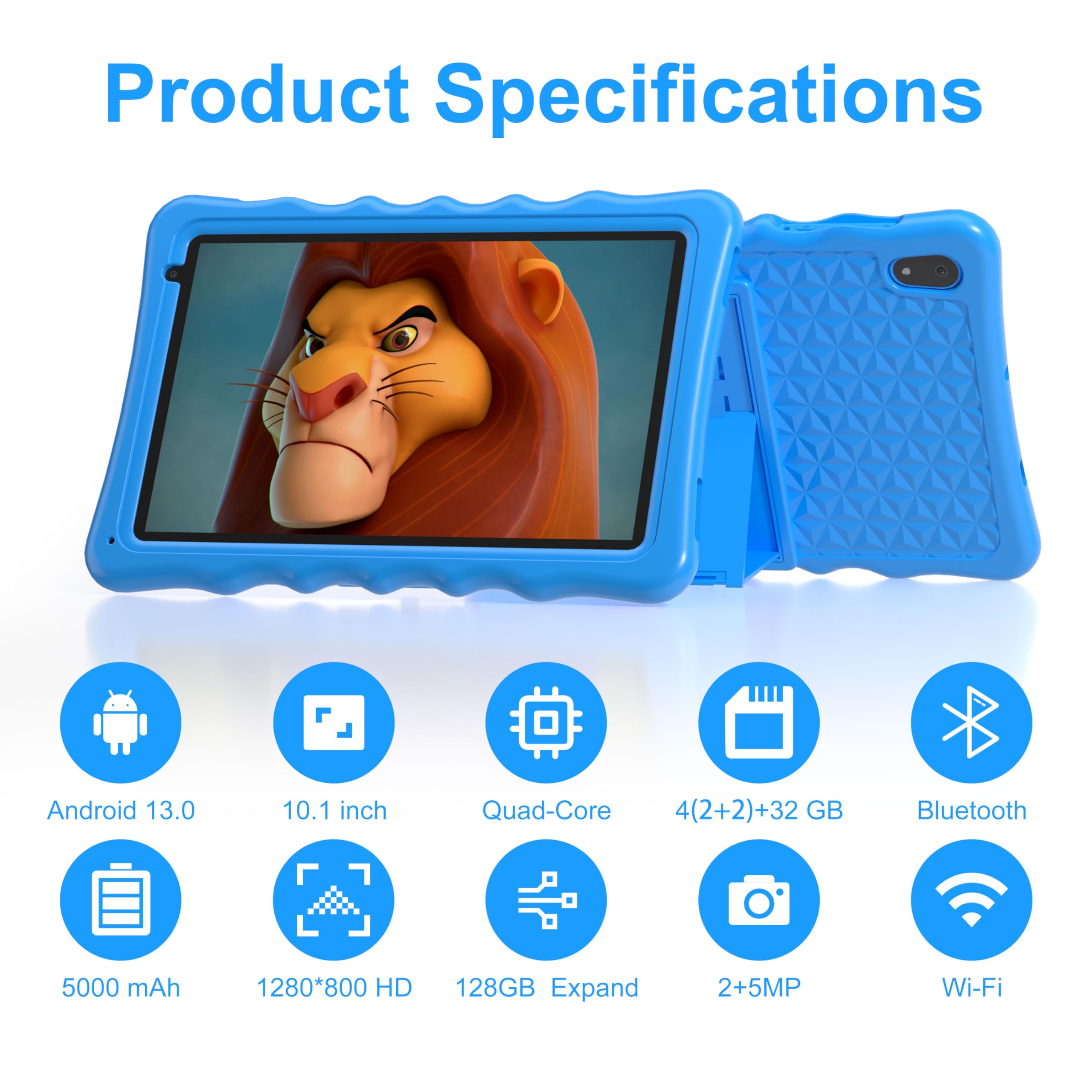 **10 Inch Android 13 Kids Tablet with 4GB RAM & 32GB ROM - 1280x800 IPS Screen, 2MP Front & 5MP Rear Camera, Durable Kid-Proof Case - Perfect Gift for Learning & Entertainment (Blue)**    *(Ideal for Online Classes, Games, Reading & Safe Browsing for Kids Ages 3-12)*