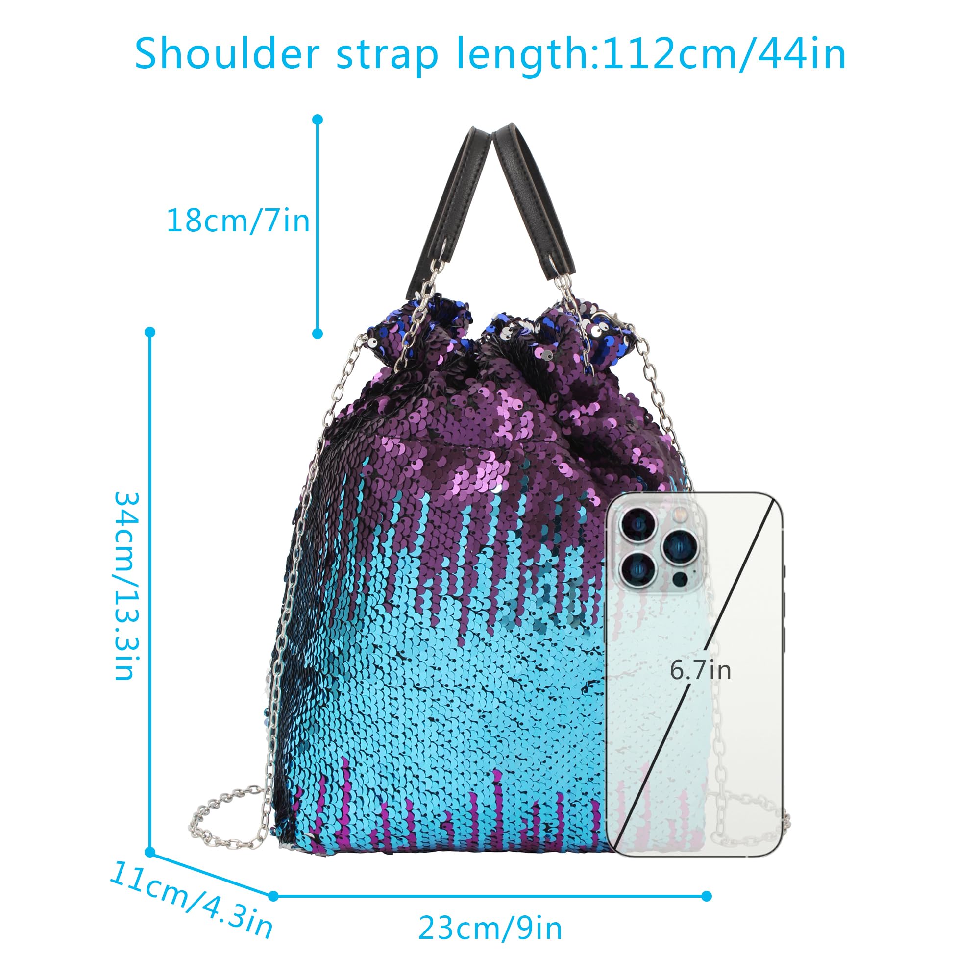 Women's Small Mermaid Sequins Drawstring Bucket Bag with Chain - Crossbody Shoulder Bag & Top Handle Purse for Party, Beach, Travel & Everyday Use