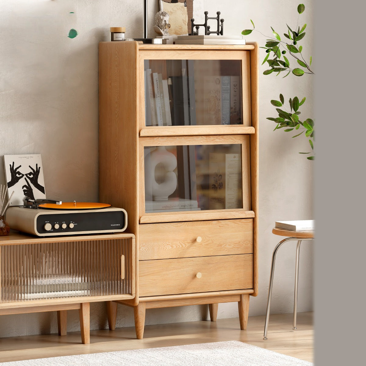 Solid Oak and Ash Wood Flip Door Side Cabinet with LED Lighting - Perfect for Living Room, Bedroom, or Office Storage and Display