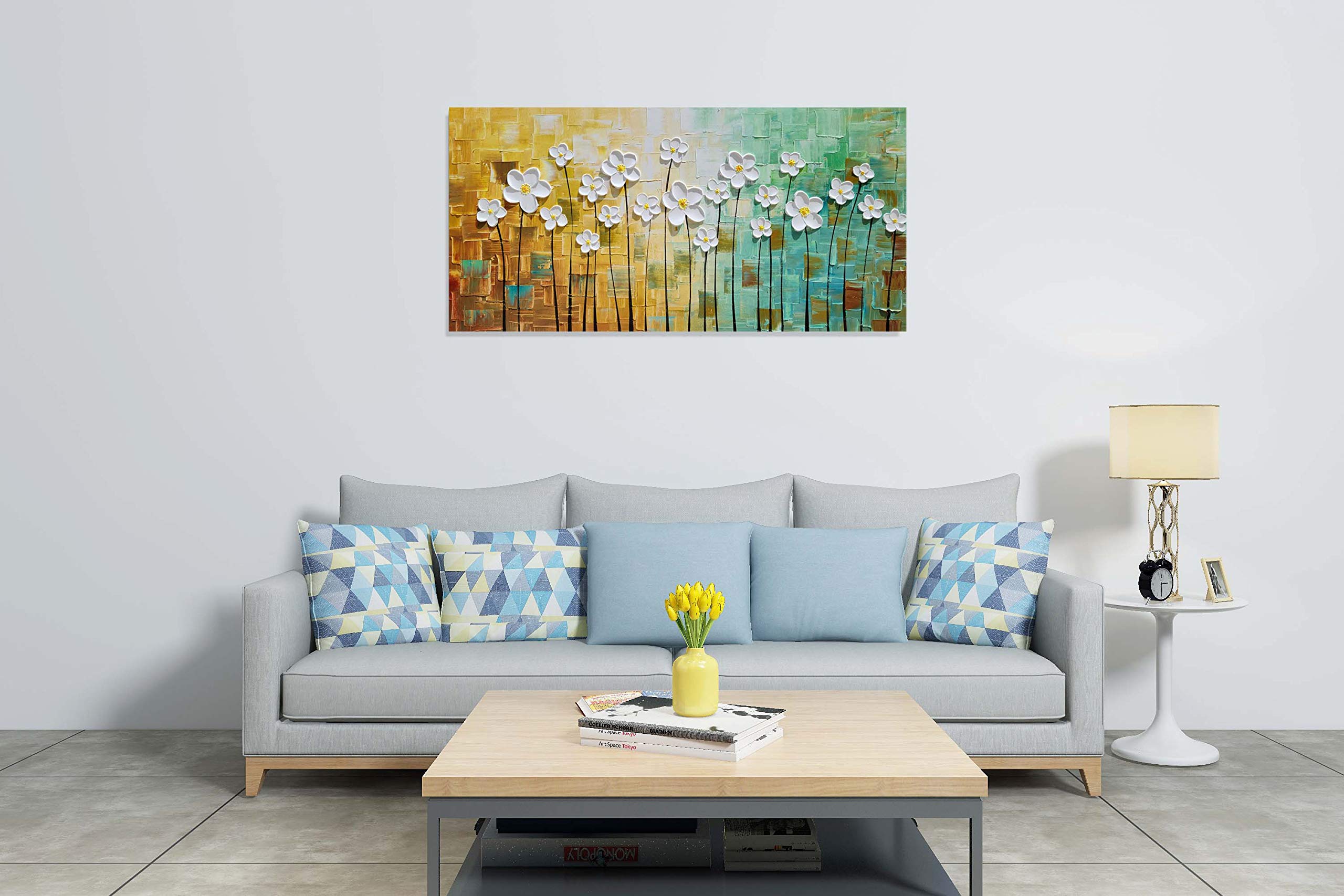 SYGALLERIER White Floral Canvas Wall Art - Hand Painted Heavy Textured Oil Painting in Teal & Yellow - Modern Abstract Artwork for Living Room, Bedroom, Dining Room Decor - Perfect for Home, Office & Gift Giving