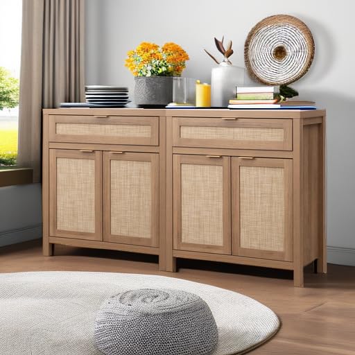 SICOTAS 2-Piece Rattan Sideboard Buffet Cabinet Set, Boho Farmhouse Credenza Storage with Drawers, Natural Oak Console Table for Coffee Bar, Entryway, Living & Dining Room - Perfect for Home Decor, Entertaining & Storage Solutions
