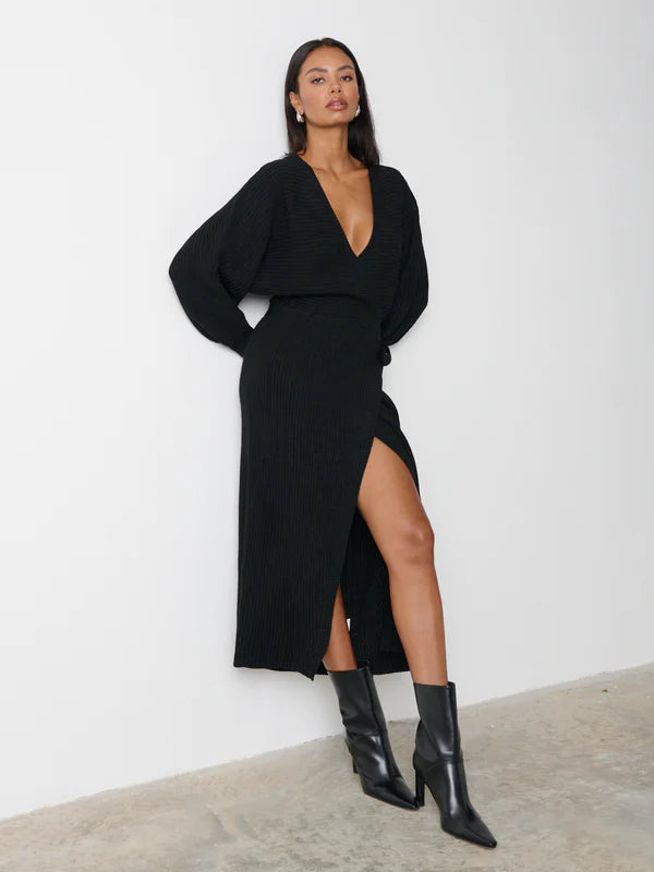 AIDAN Cozy Wrap Knit Dress for Women - Soft Stretchy Black Long Sleeve Dress for Fall & Winter | Perfect for Office, Date Night and Casual Outings