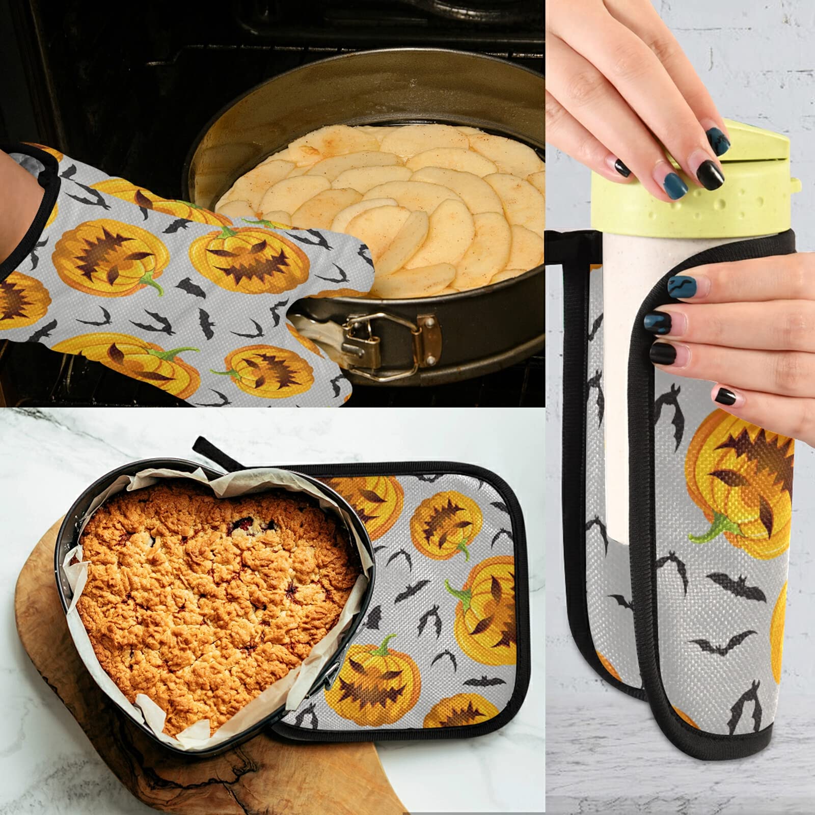 Halloween Pumpkin Bats Oven Mitts and Pot Holders Set - 2-Piece Non-Slip Heat Resistant Kitchen Gloves & Trivet Mats for Baking, Cooking, BBQ - Autumn Orange Grey Home Decor for Thanksgiving & Fall Season
