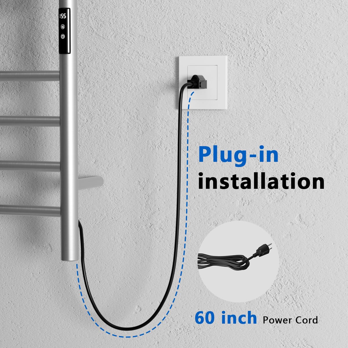 QAOYEDE 8-Bar Heated Towel Rack - Wall Mounted Bathroom Towel Warmer with Adjustable Timer & Temperature Control, Brushed Nickel Finish - Perfect for Spa-Like Luxury & Quick Drying (Plug-in Electric Design)