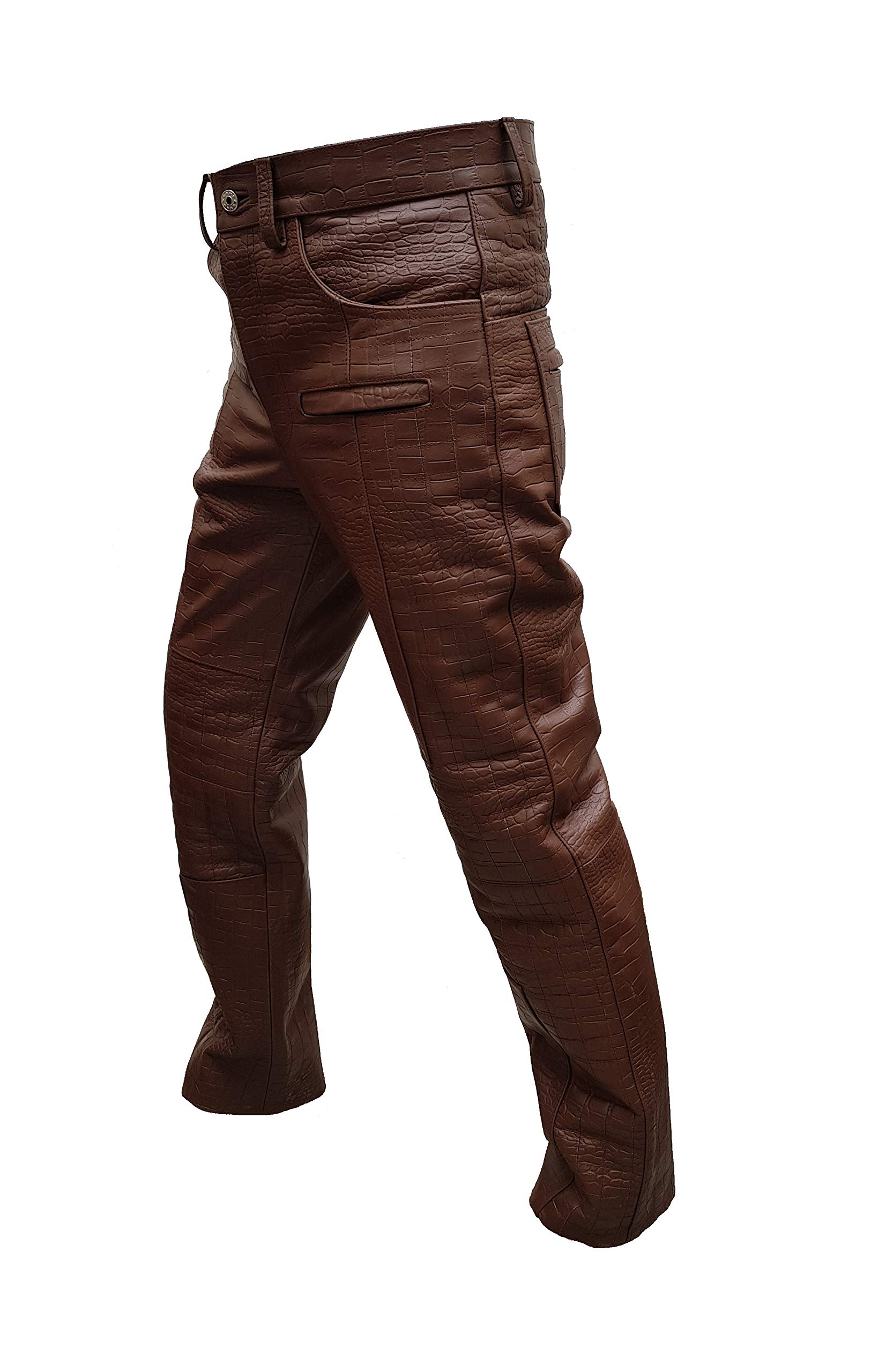 Black Korel Men's Brown Crocodile Print Leather Quilted Motorcycle Biker Jeans - Stylish & Durable Riding Pants for Harley Davidson & Cruiser Bikes - Perfect for Motorcycle Enthusiasts & Urban Fashion