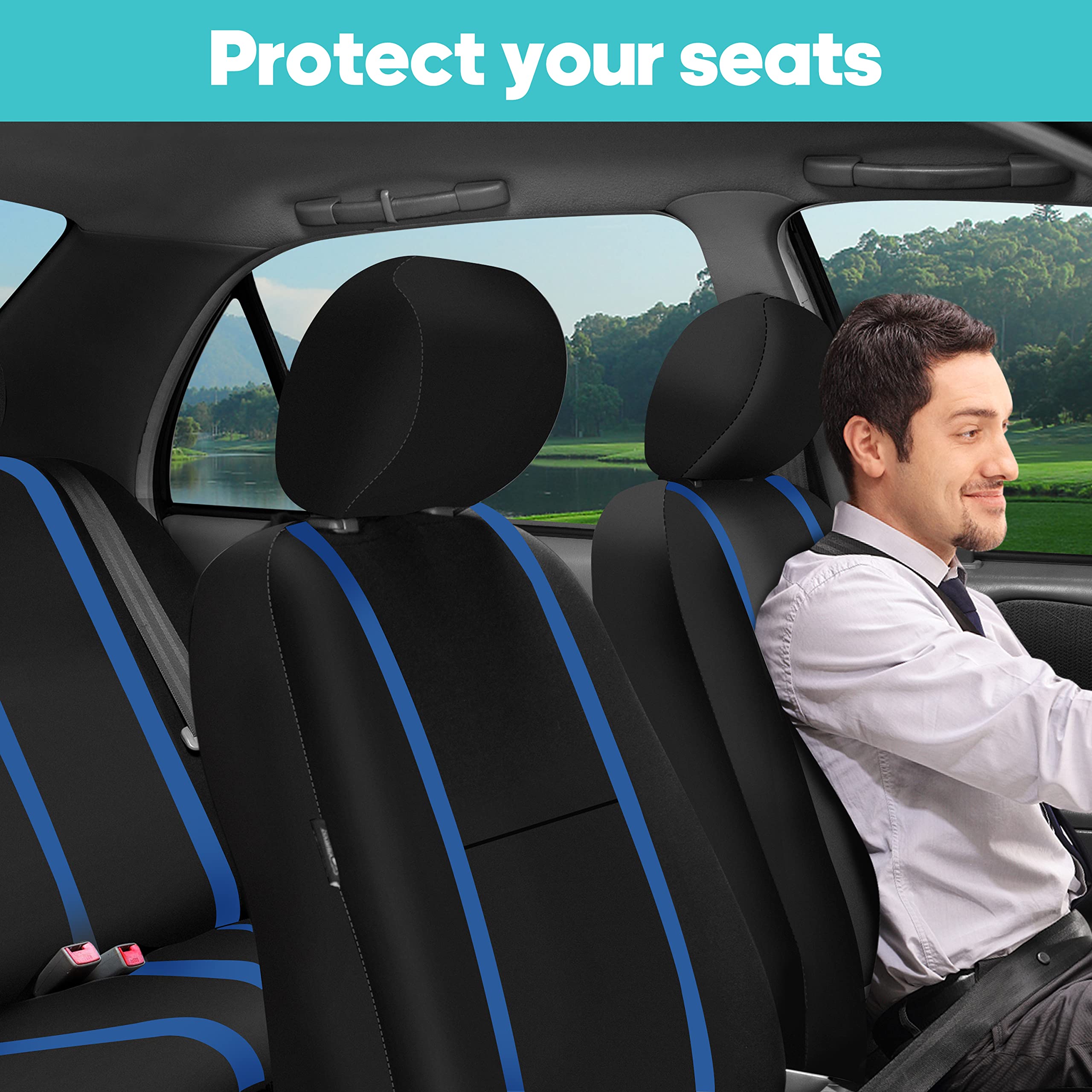FH Group Universal Fit Car Seat Covers Full Set - Washable Cloth Seat Protectors for SUV, Sedan & Van (Blue) | Perfect for Daily Commute, Road Trips & Protecting Seats from Pets